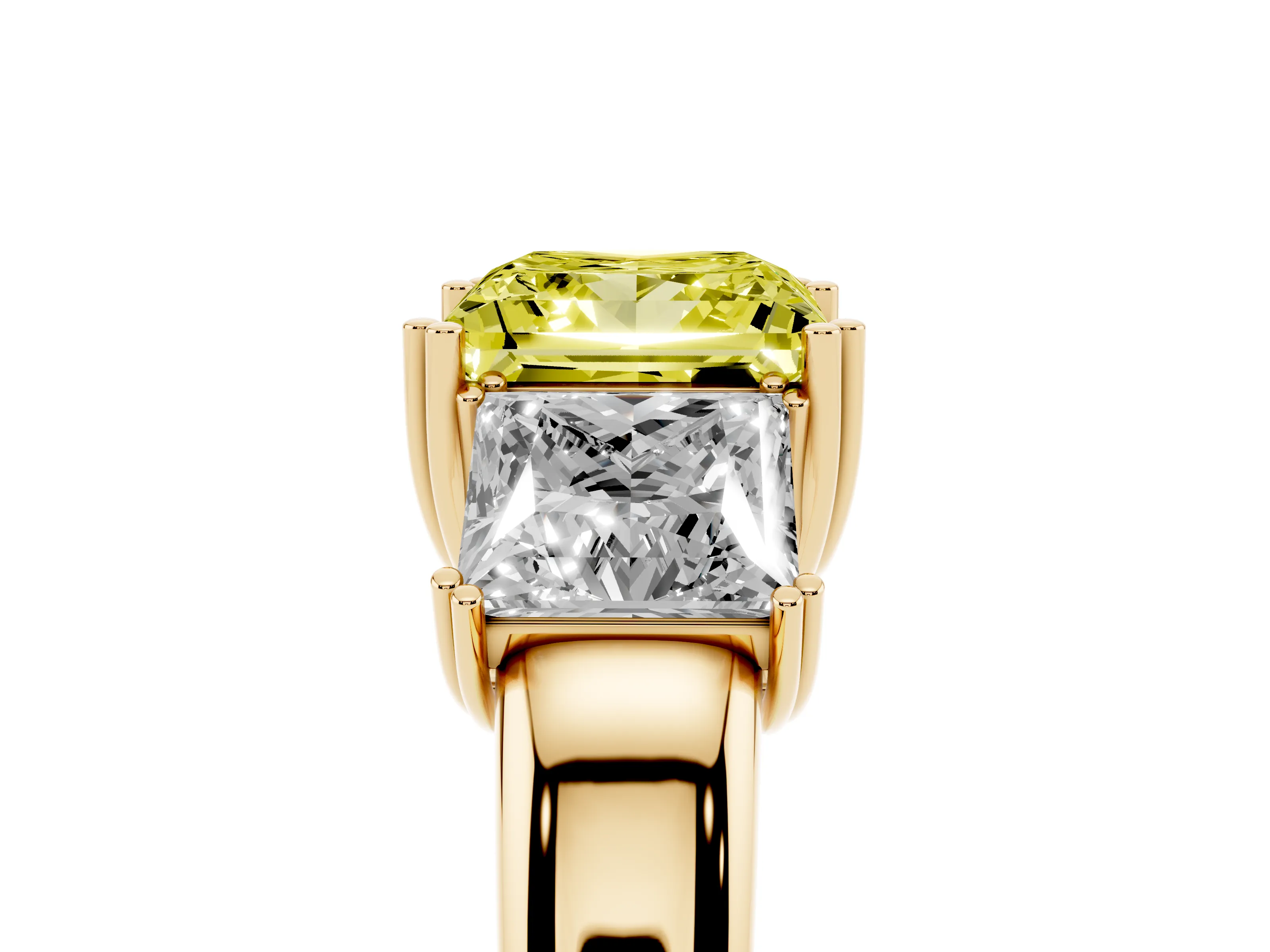 Fancy Yellow Princess Cut Diamond Three-Stone Ring Set in Yellow gold with Polished Channel-Set Band