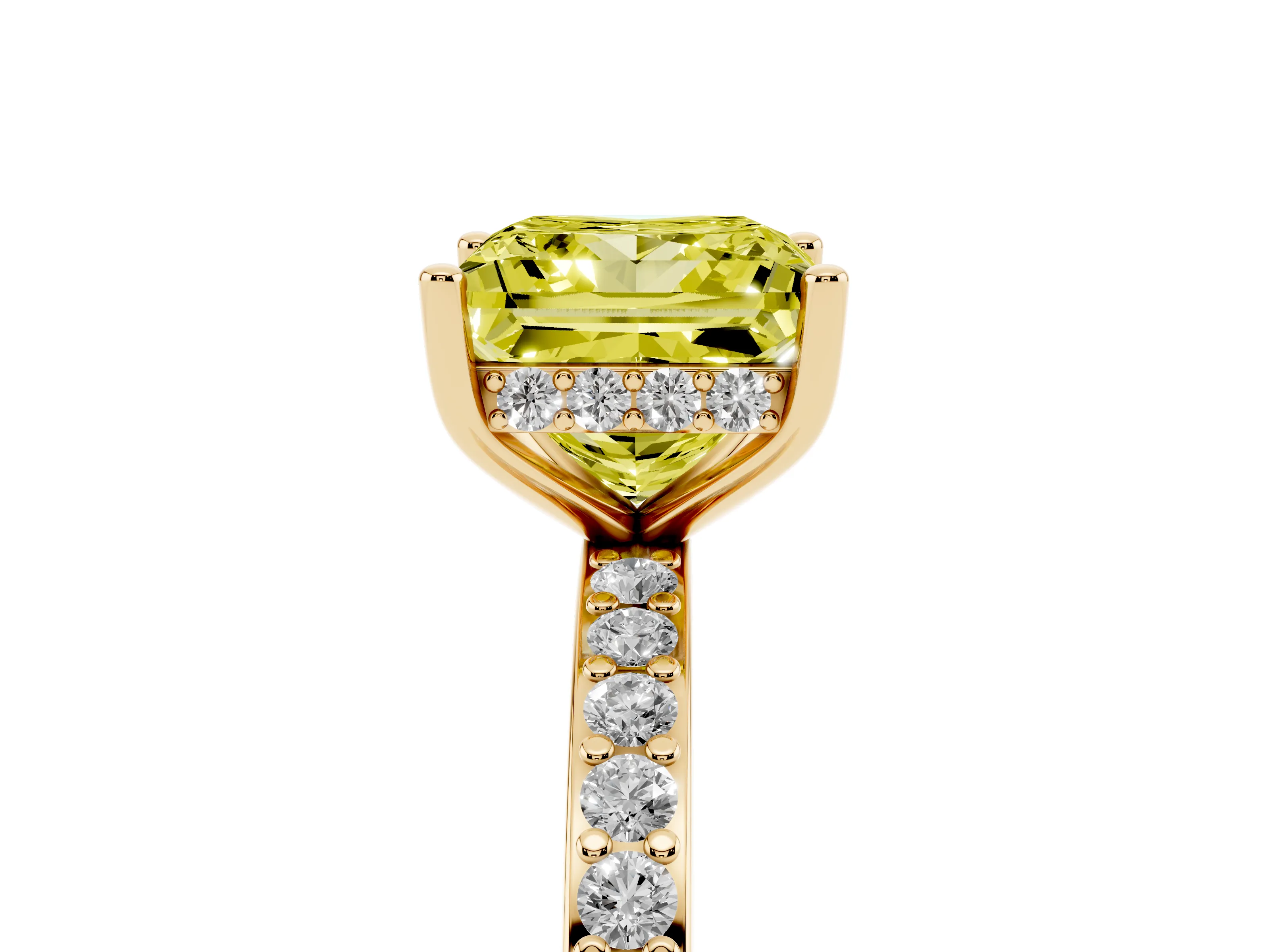 Fancy Yellow Princess Cut Diamond Pavé Band Ring Set in Yellow gold with Prong-Set Center Stone