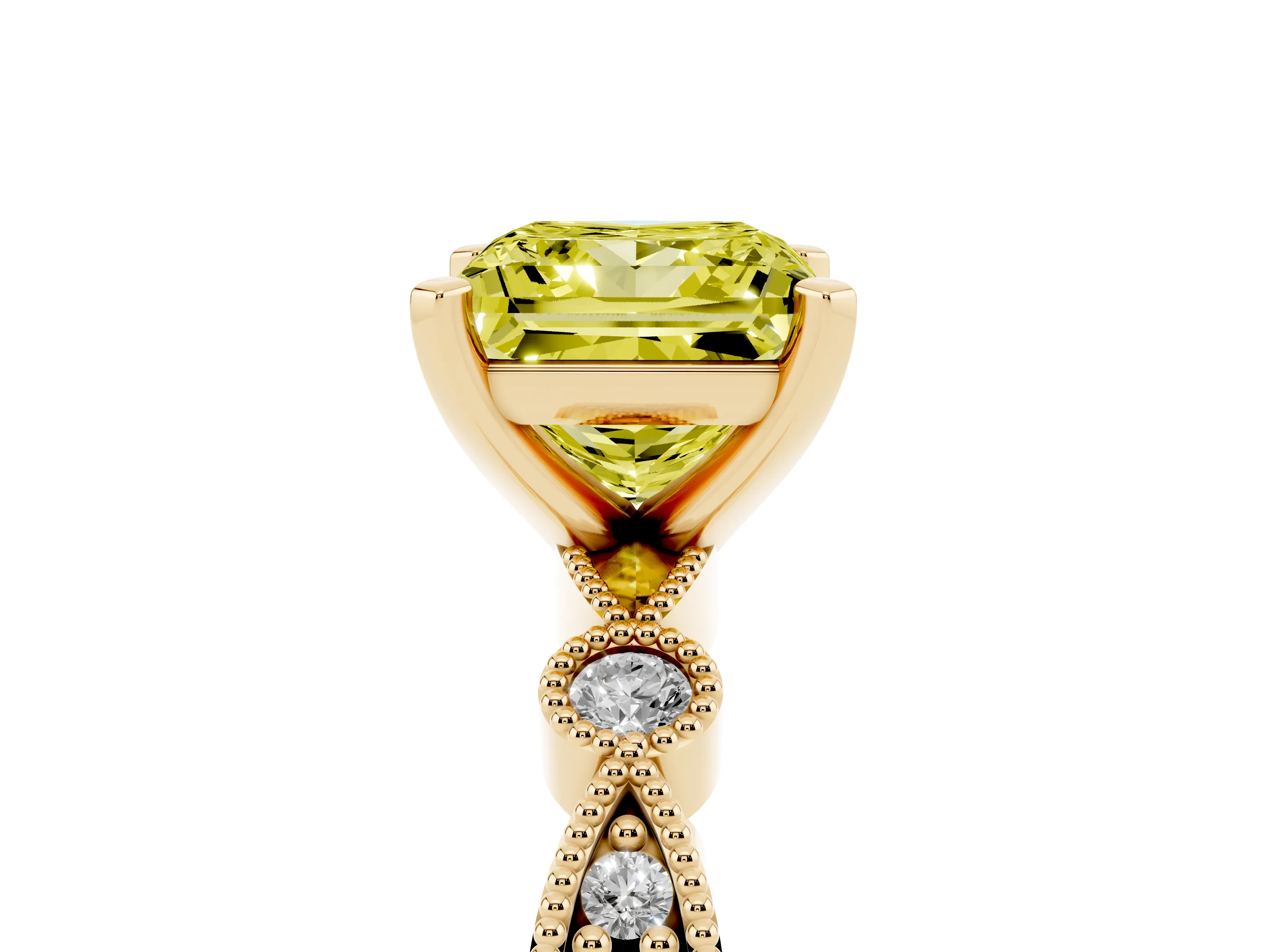 Fancy Yellow Princess Cut Diamond Solitaire Engagement Ring Set in Yellow gold with Milgrain Bezel Accent Band