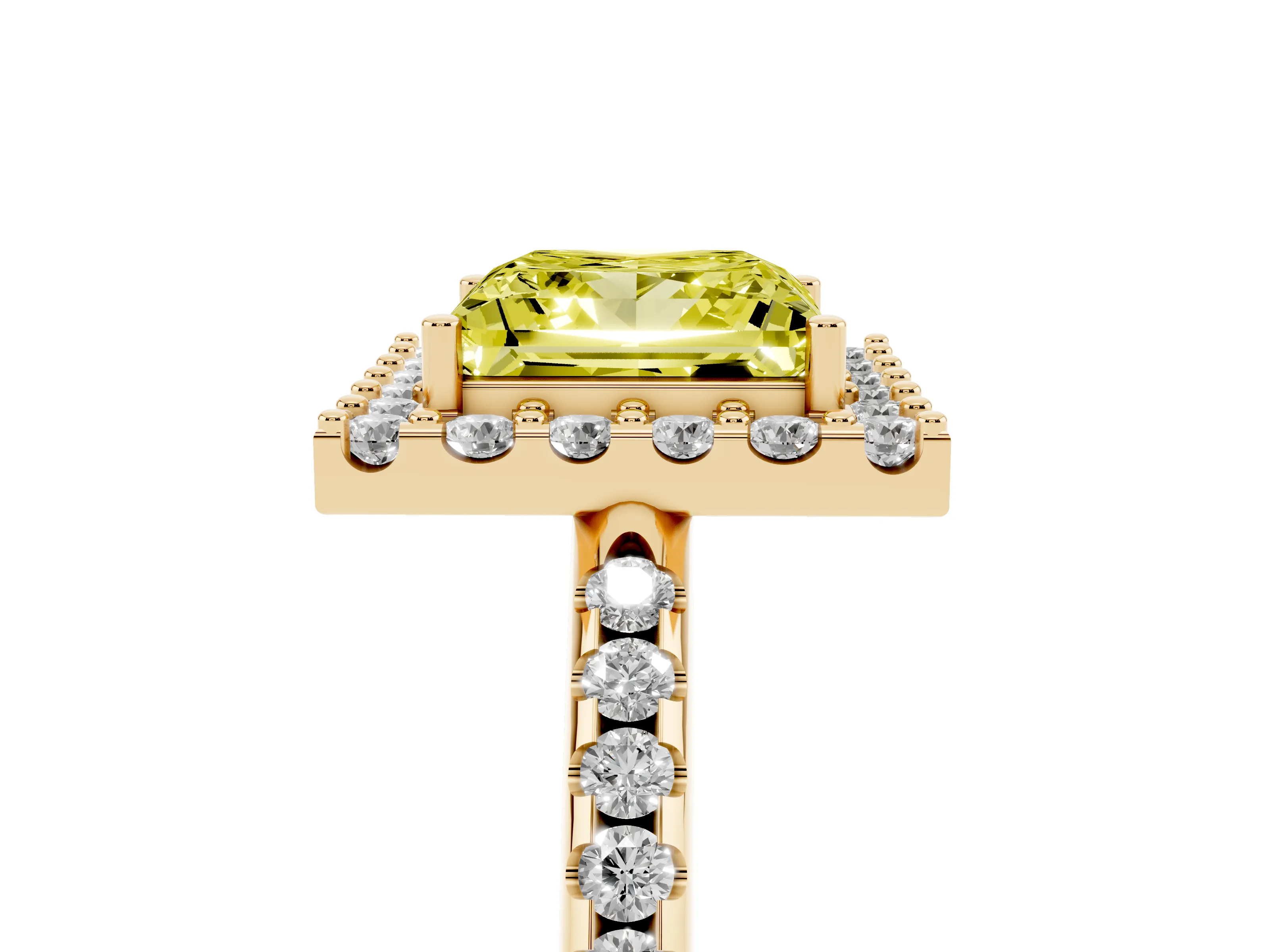 Fancy Yellow Princess Cut Diamond Pavé Halo Ring Set in Yellow gold with Prong Setting