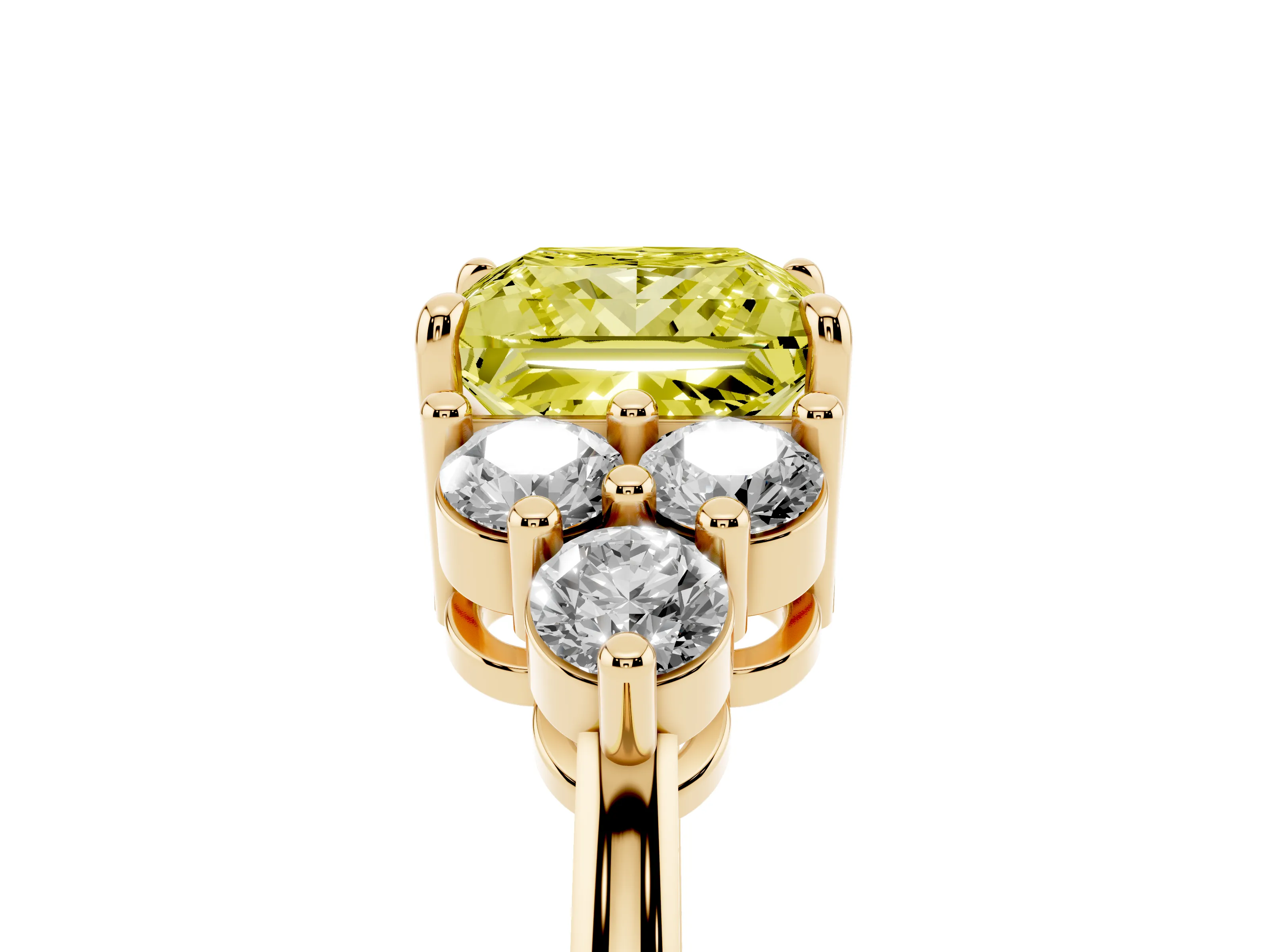 Fancy Yellow Princess Cut Diamond Solitaire Ring Set in Yellow gold with Cluster Accents on Each Side
