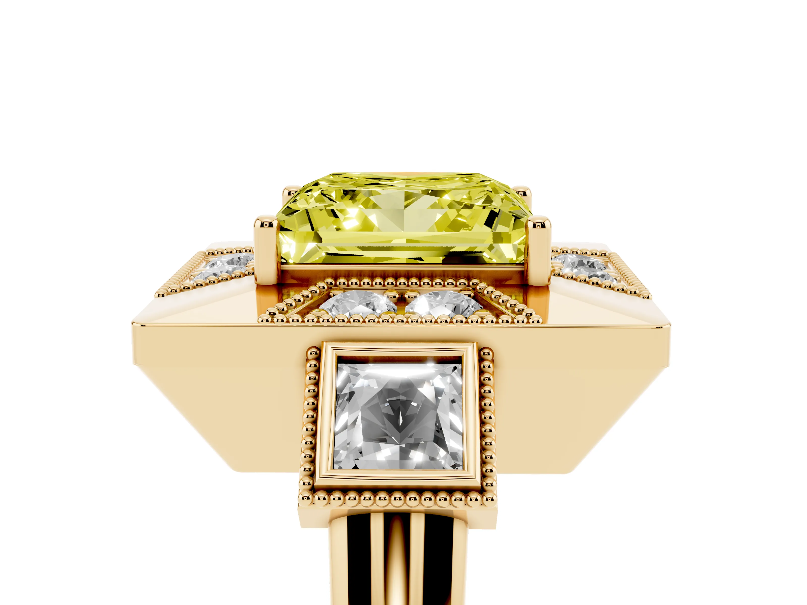 Fancy Yellow Princess Cut Diamond Milgrain Halo Ring Set in Yellow gold with Split Shank