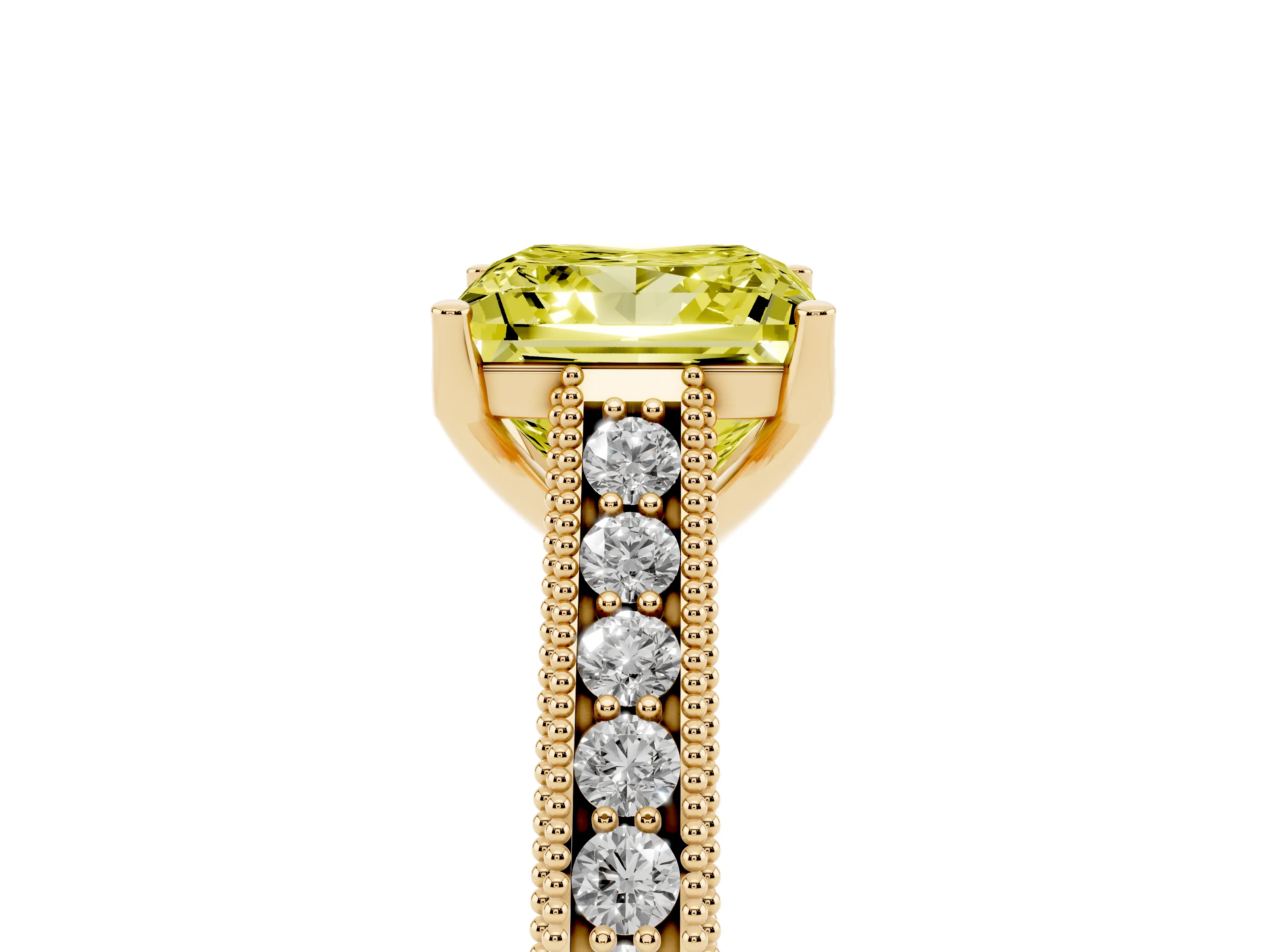 Fancy Yellow Princess Cut Diamond Milgrain Pavé Band Solitaire Ring Set in Yellow gold with Prong Setting