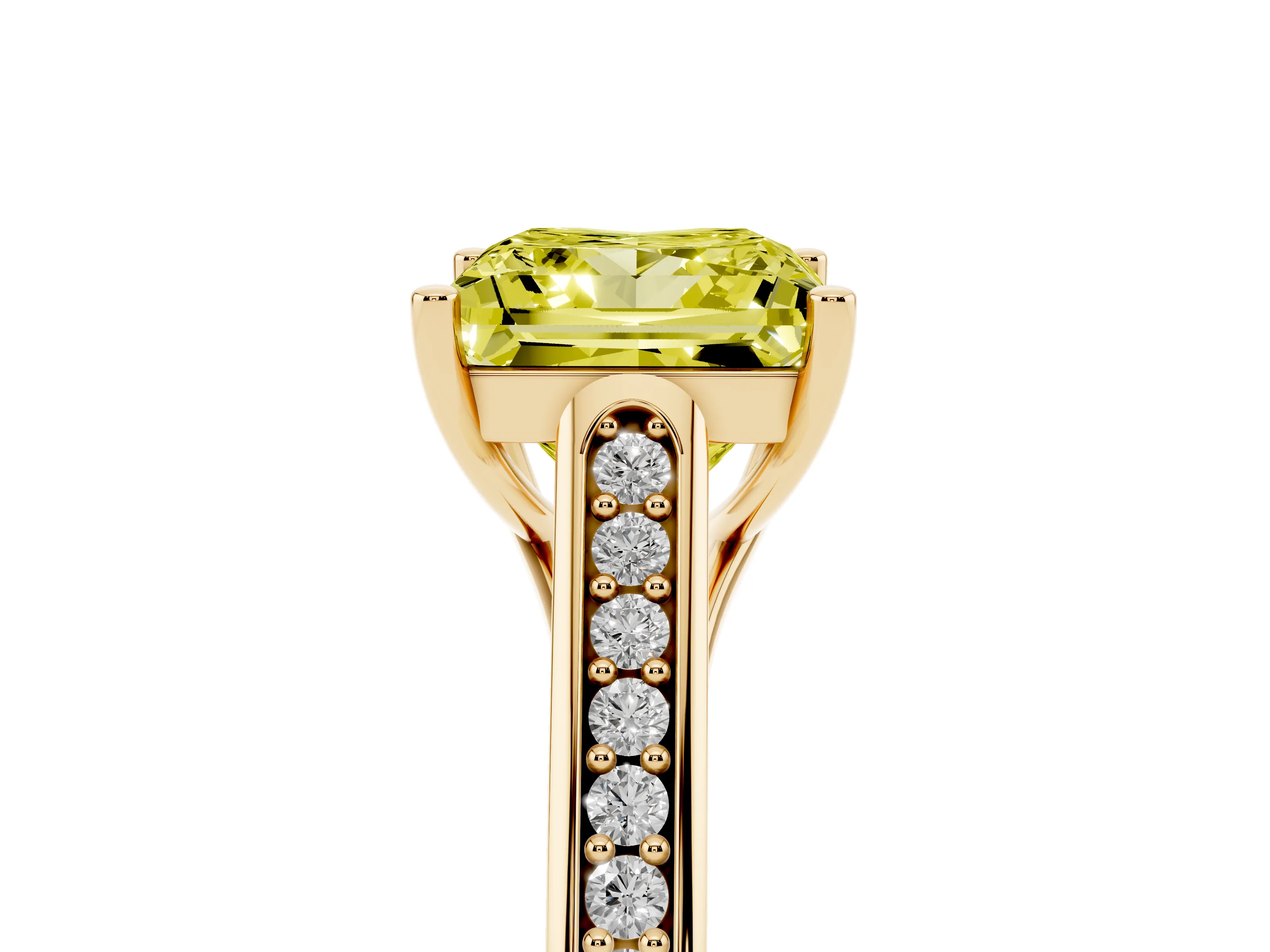 Fancy Yellow Princess Cut Diamond Solitaire Cathedral Engagement Ring Set in Yellow gold with Channel-Set Band and Prong Setting
