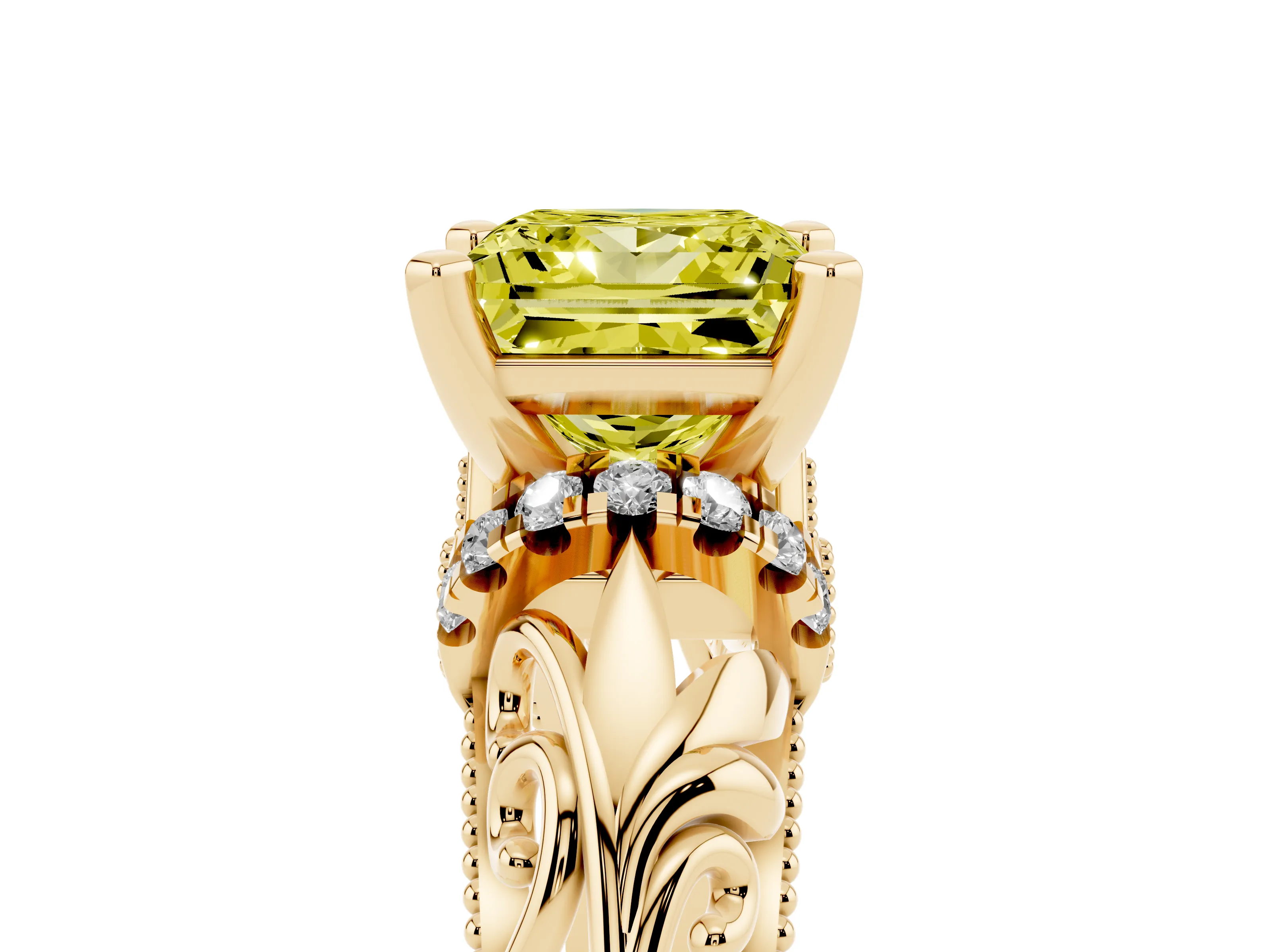 Fancy Yellow Princess Cut Diamond Filigree Halo Engagement Ring Set in Yellow gold with Prong Setting