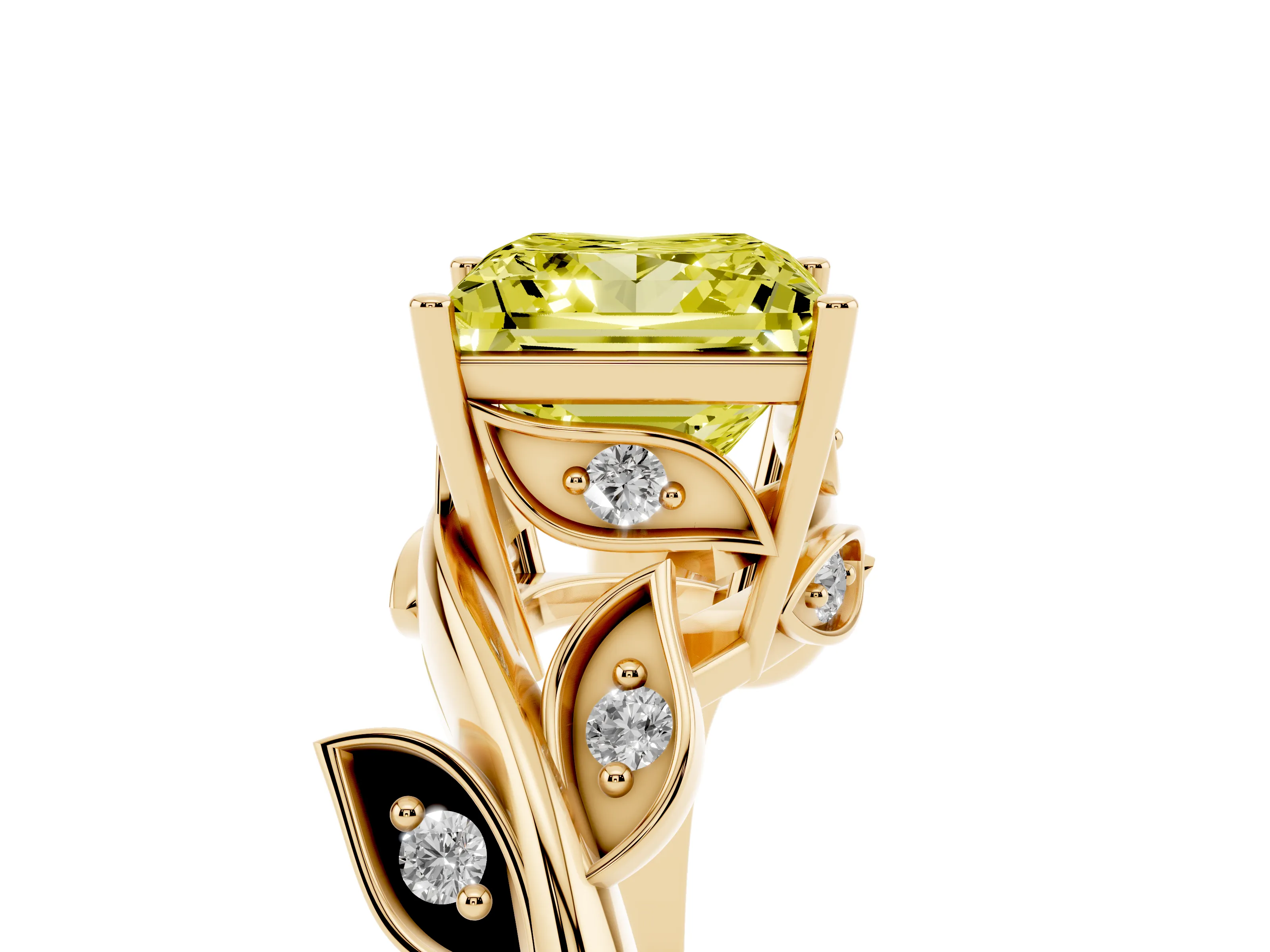 Fancy Yellow Princess Cut Diamond Solitaire Twist Engagement Ring Set in Yellow gold with Pavé Leaf Accents