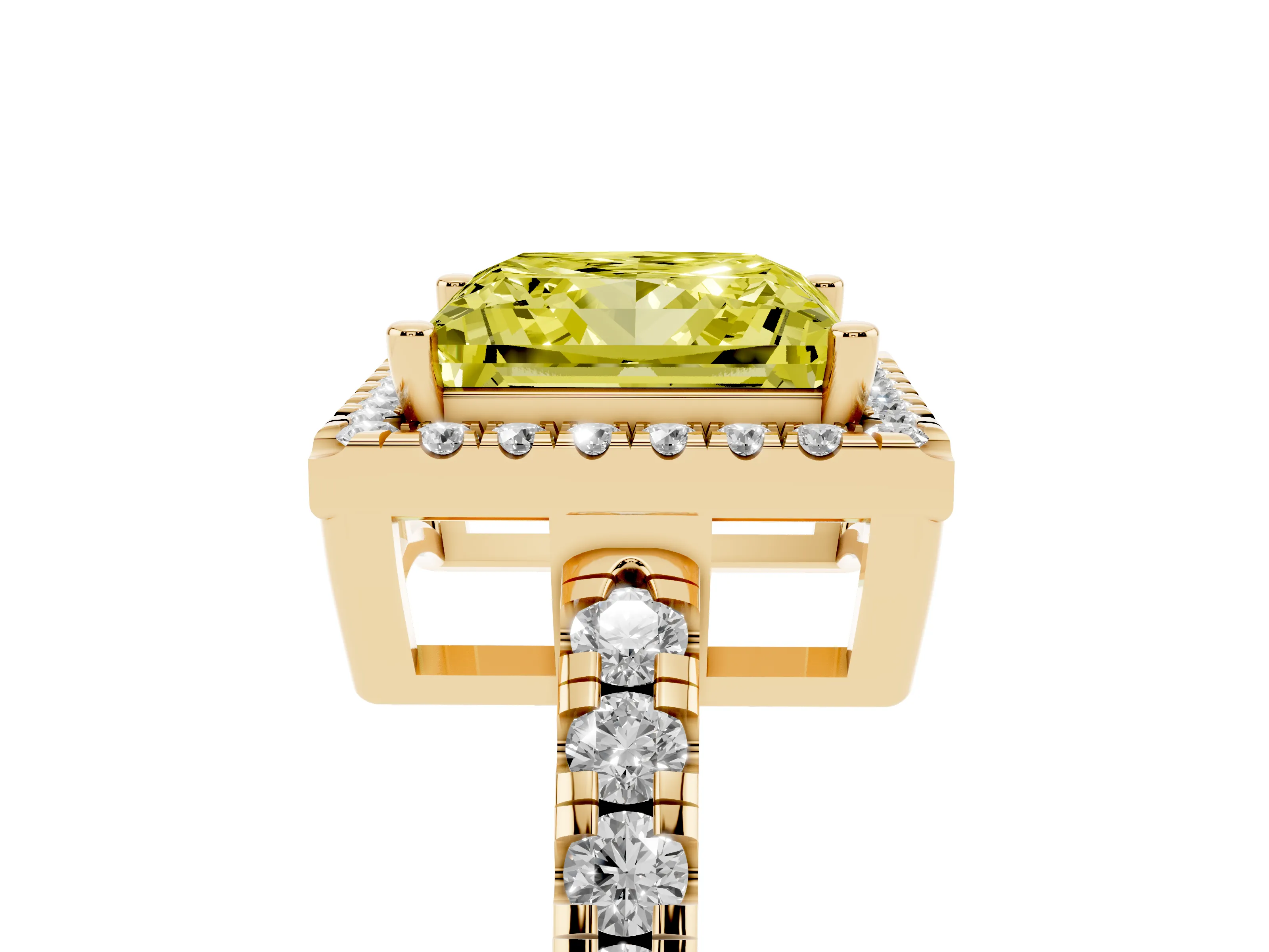 Fancy Yellow Princess Cut Diamond Halo Ring Set in Yellow gold with Delicate Pavé Band and Prong Setting
