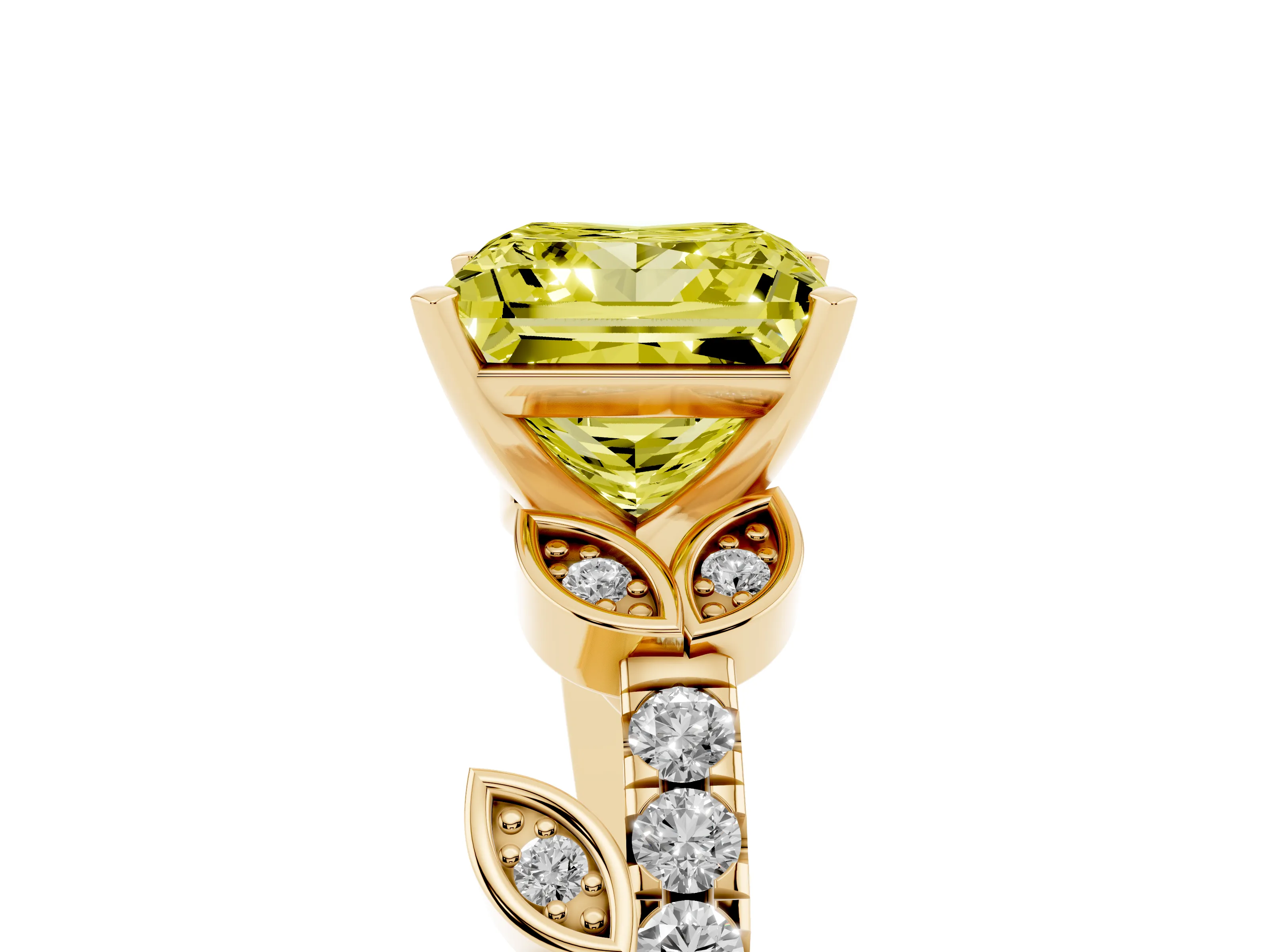 Fancy Yellow Princess Cut Diamond Solitaire Leaf-Inspired Ring Set in Yellow gold with Pavé Band and Prong Setting