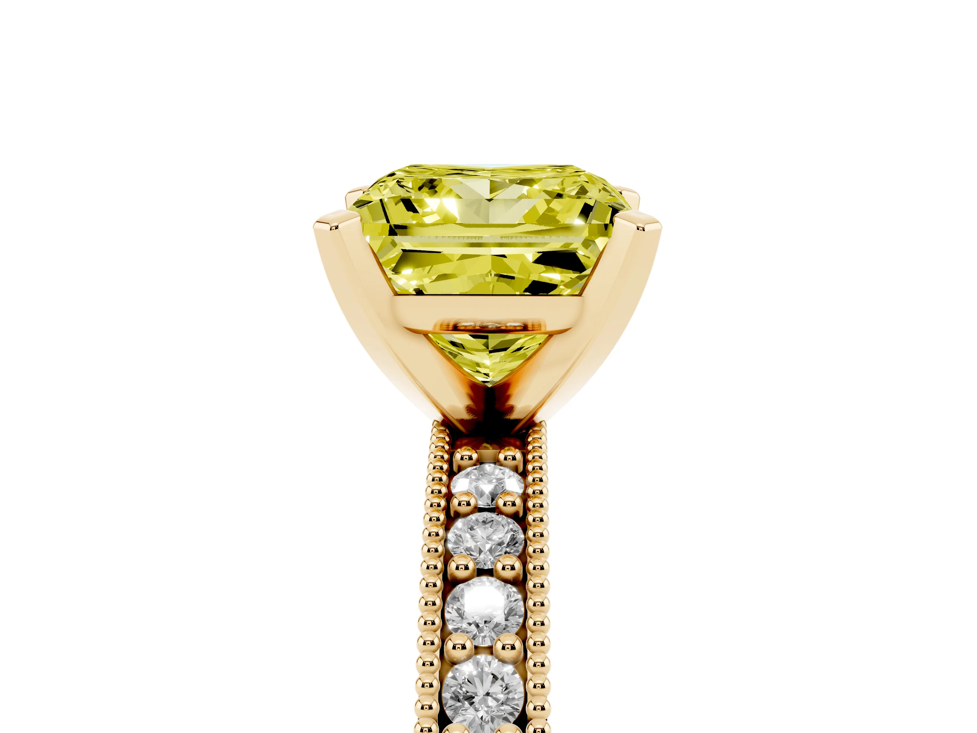 Fancy Yellow Princess Cut Diamond Milgrain Pavé Engagement Ring Set in Yellow gold with Prong Setting