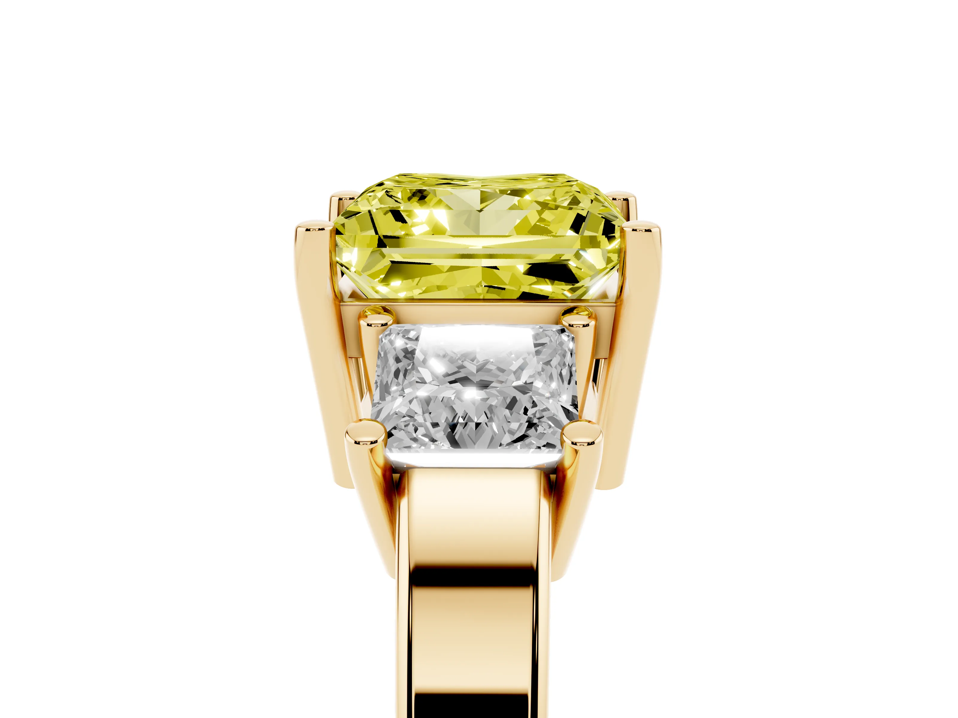 Fancy Yellow Three-Stone Princess Cut Diamond Solitaire Ring Set in Yellow gold with Prong Setting