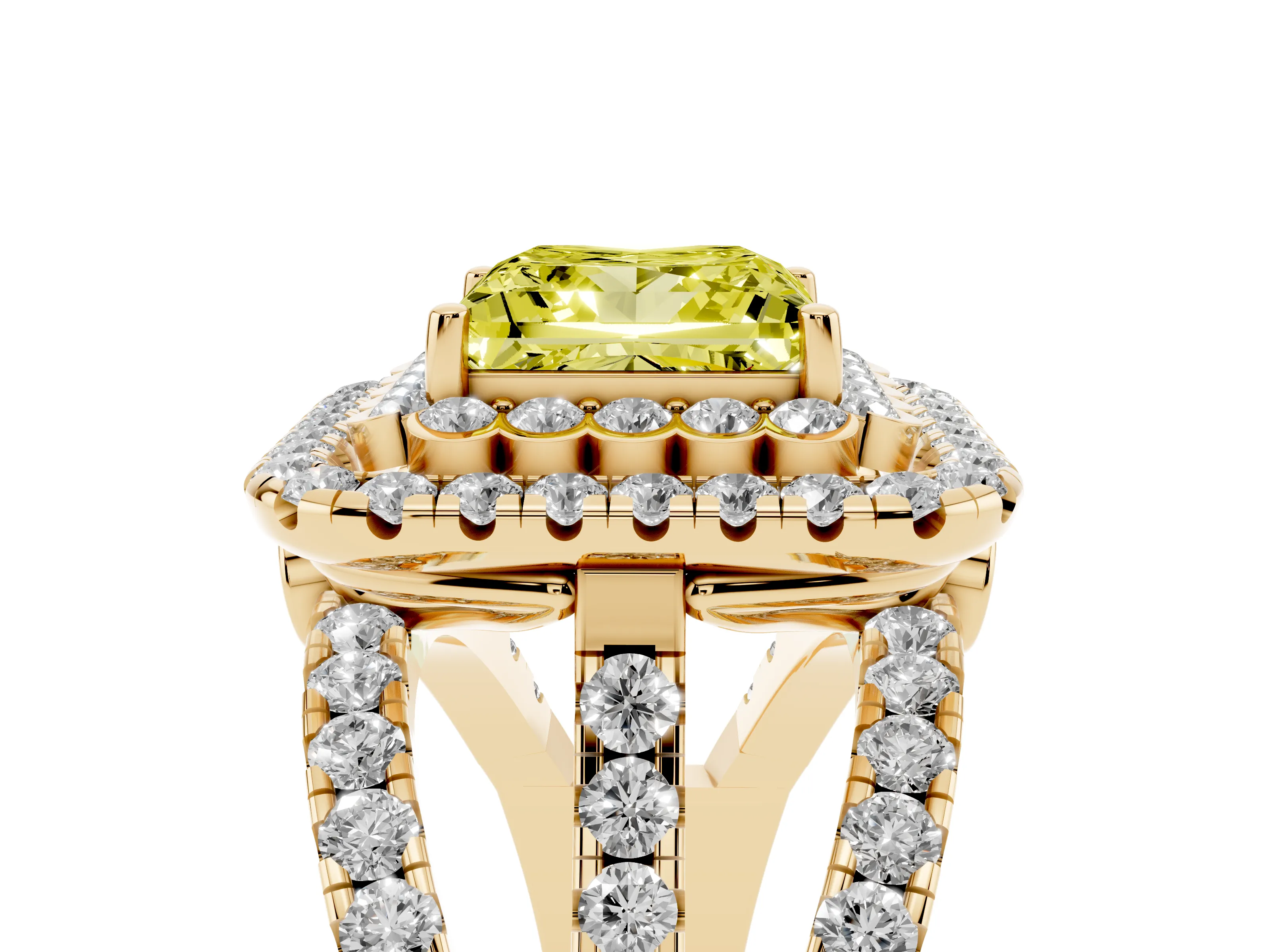 Fancy Yellow Princess Cut Diamond Double Halo Ring Set in Yellow gold with Round Pavé Split Shank