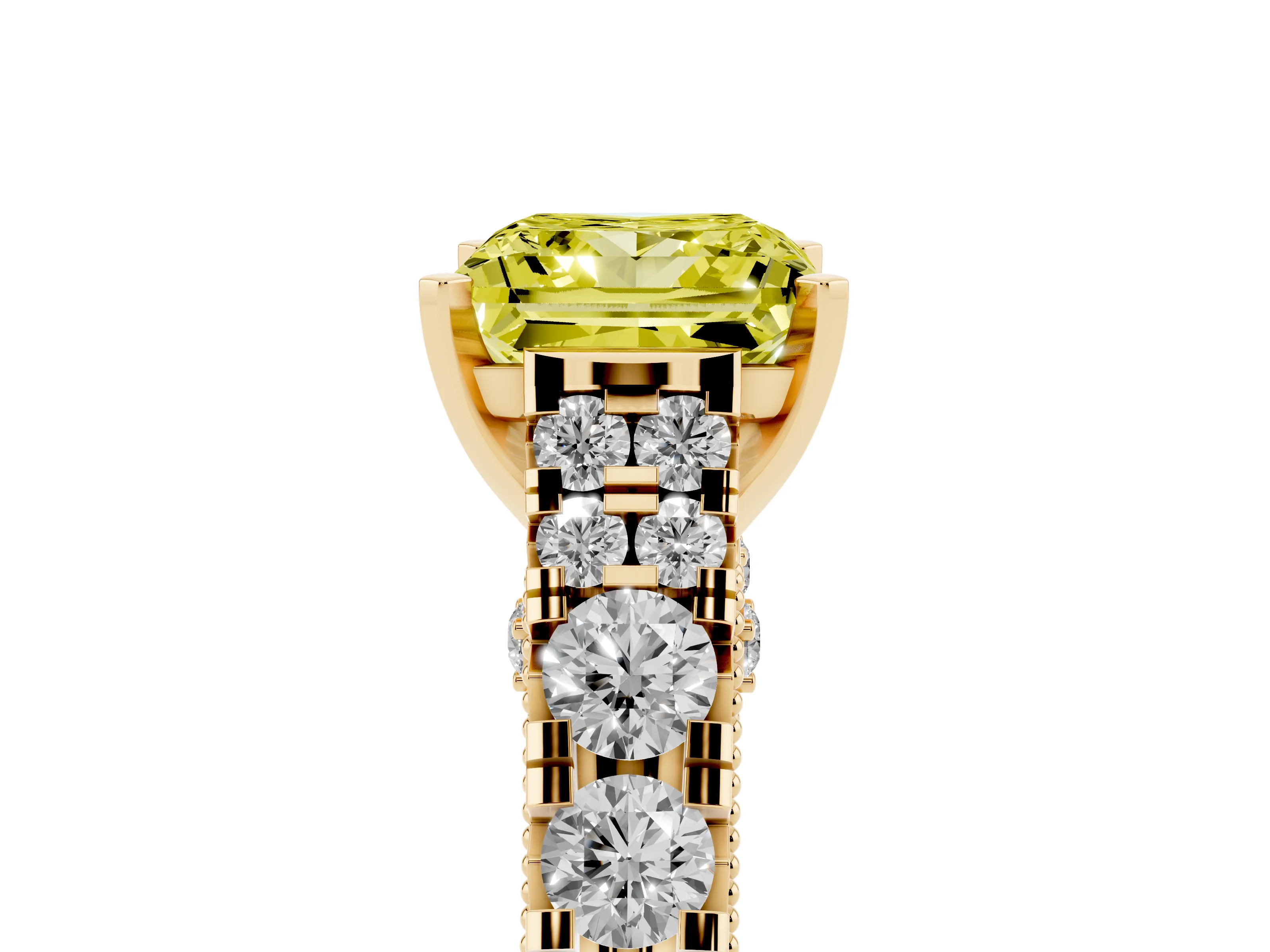 Fancy Yellow Princess Cut Diamond Classic Solitaire Ring Set in Yellow gold with Pavé Band and Prong Setting