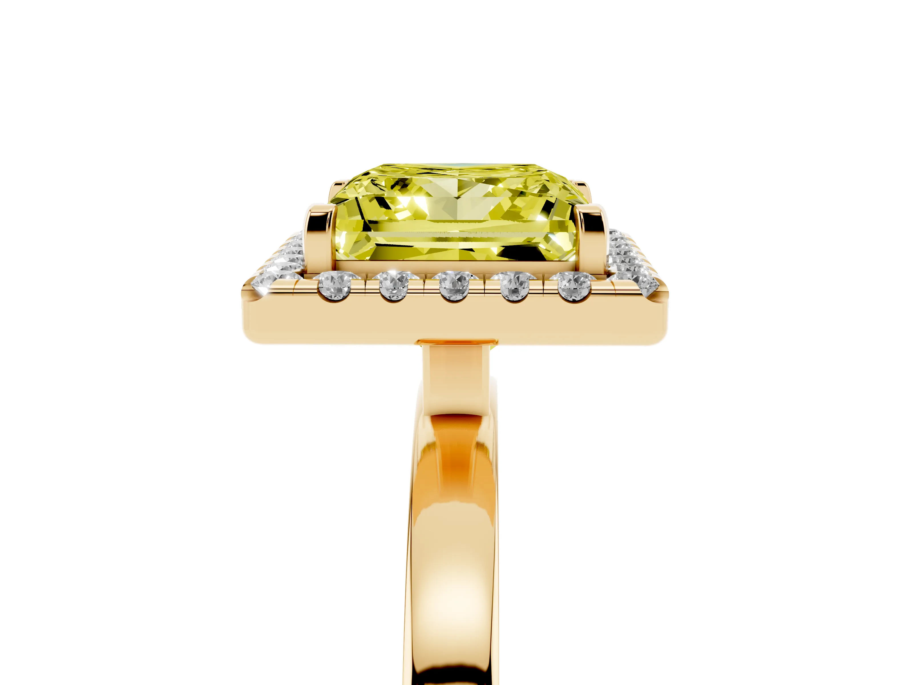 Fancy Yellow Princess Cut Diamond Halo Solitaire Ring Set in Yellow gold with Pavé Band and Prong Setting