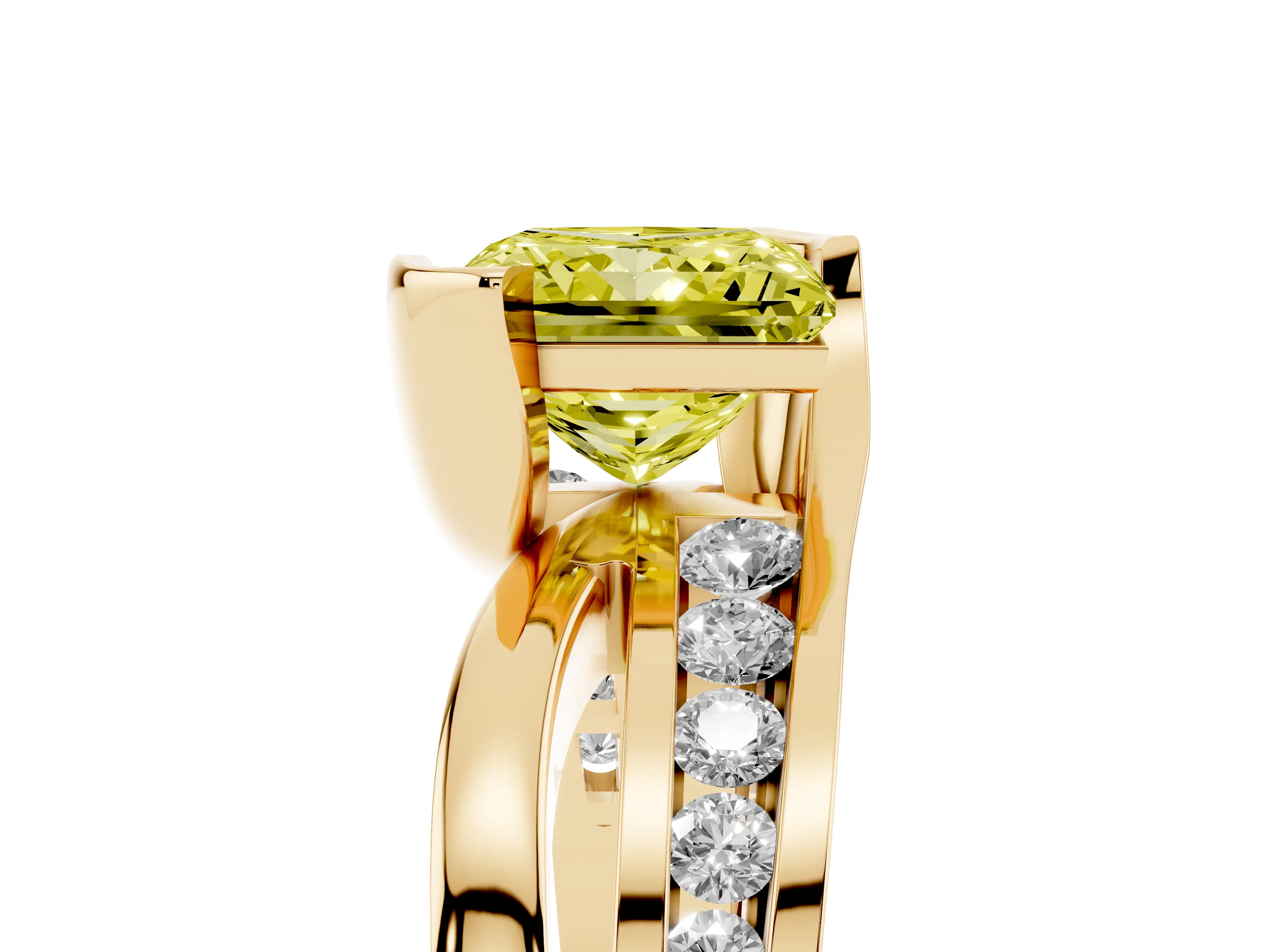 Fancy Yellow Princess Cut Diamond Solitaire Ring Set in Yellow gold with Channel Set Split Shank and Tension Prongs