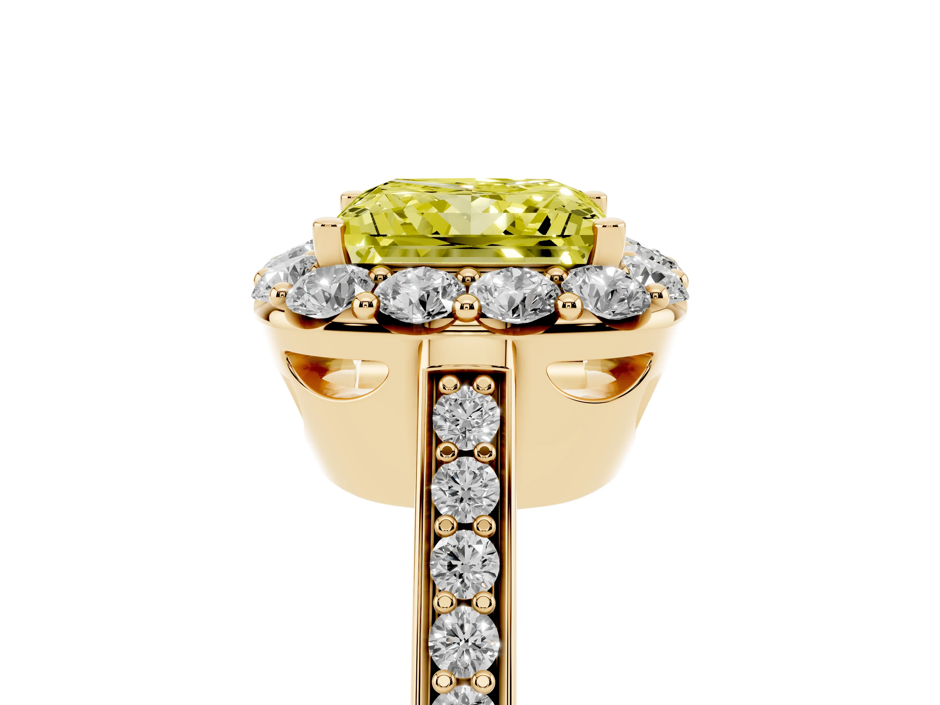 Fancy Yellow Princess Cut Diamond Floral Halo Ring Set in Yellow gold with Pavé Band and Prong Setting