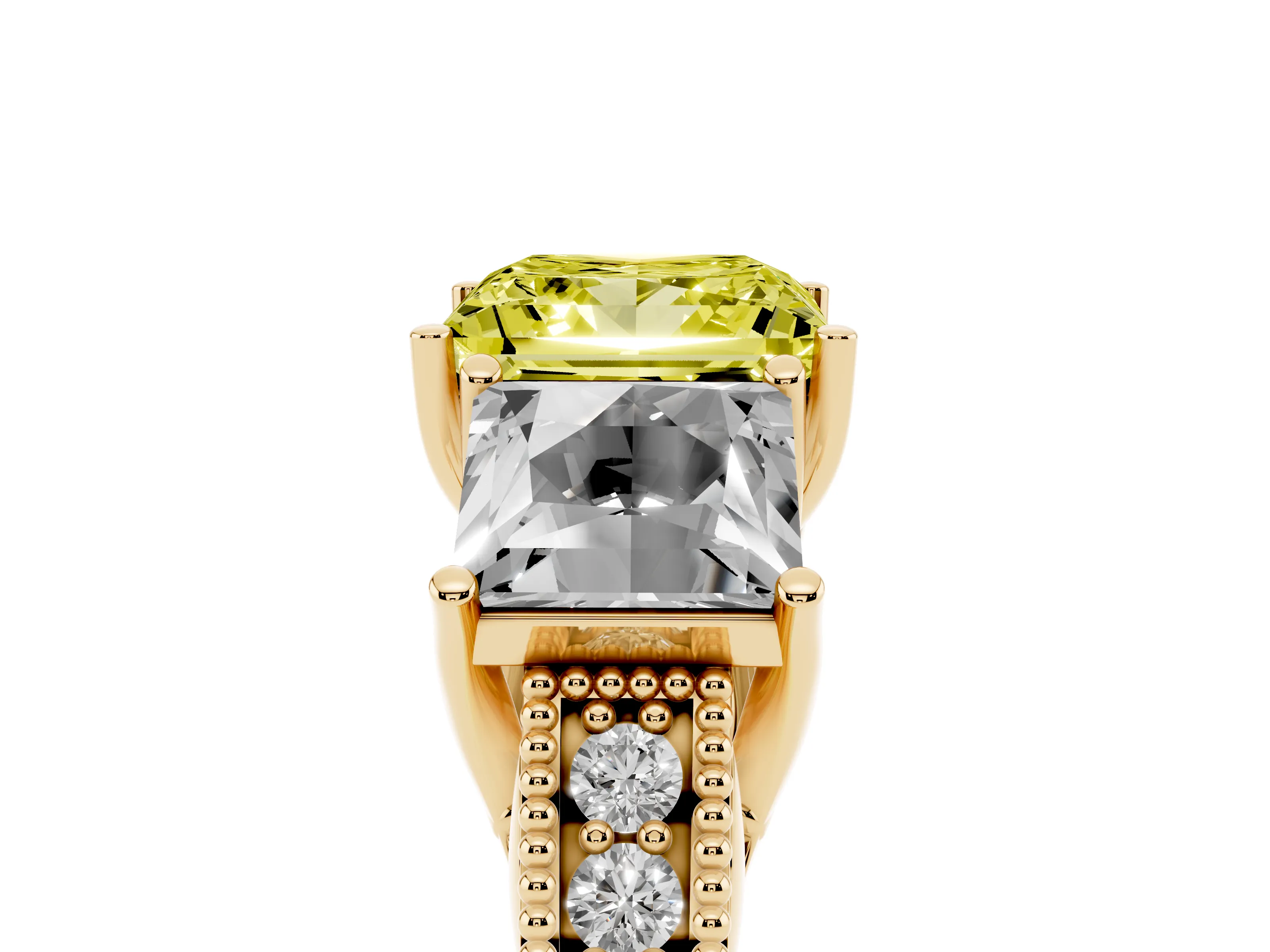 Fancy Yellow Princess Cut Diamond Three-Stone Engagement Ring Set in Yellow gold with Milgrain Pavé Band