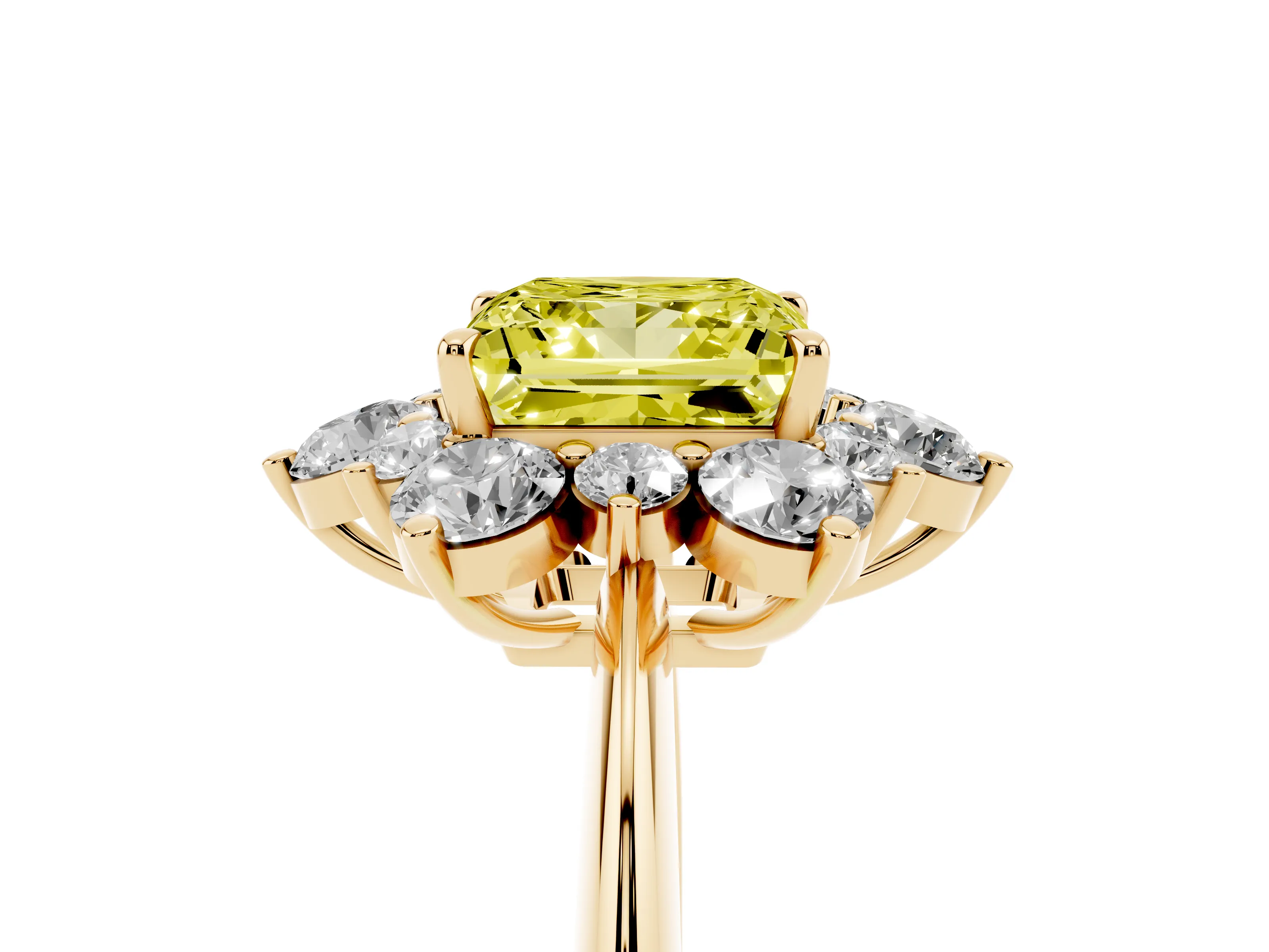 Fancy Yellow Princess Cut Diamond Cluster Halo Ring Set in Yellow gold with Solitaire Band and Prong Setting