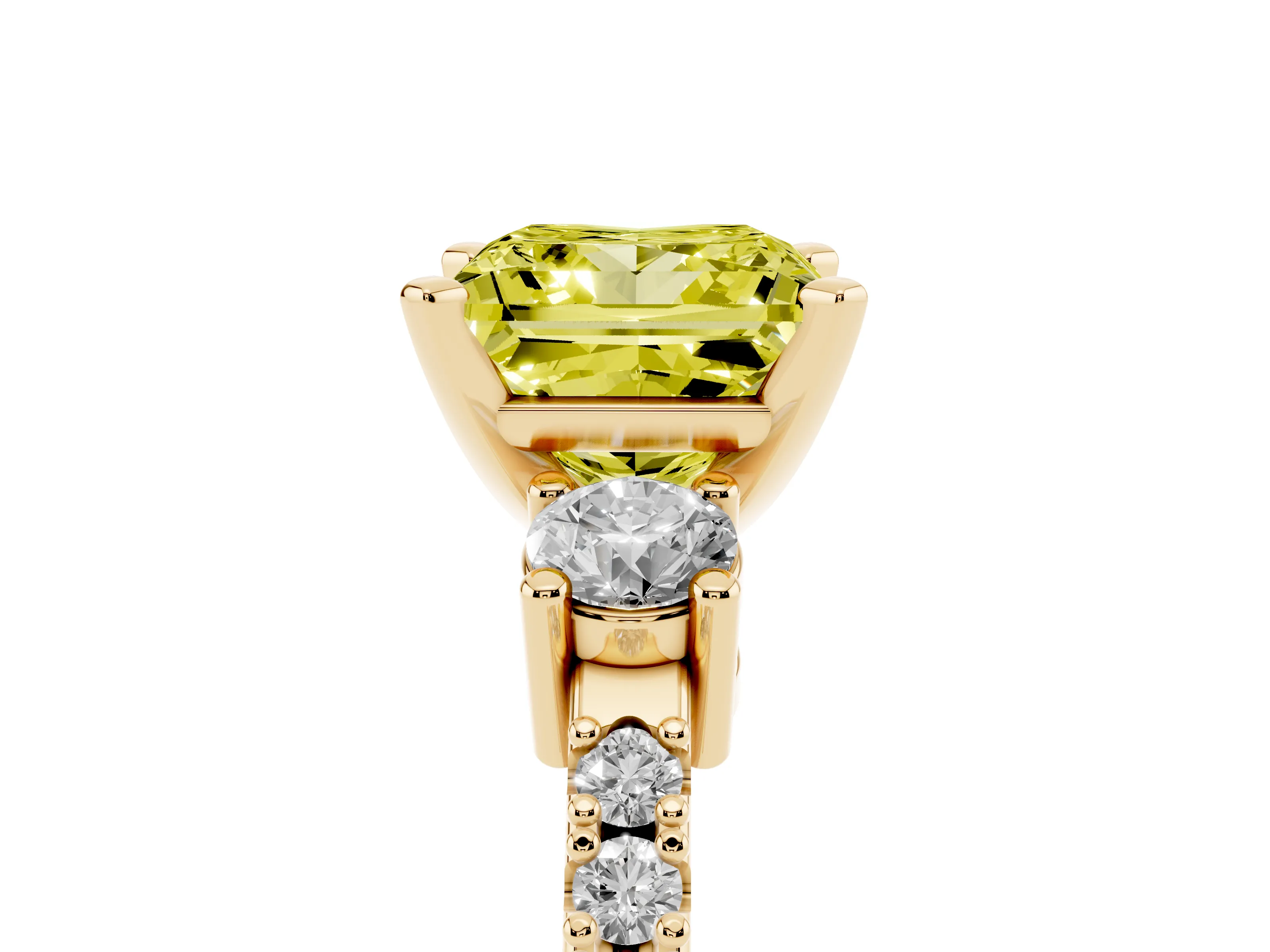 Fancy Yellow Three-Stone Princess Cut Diamond Pavé Band Ring Set in Yellow gold with Prong Setting