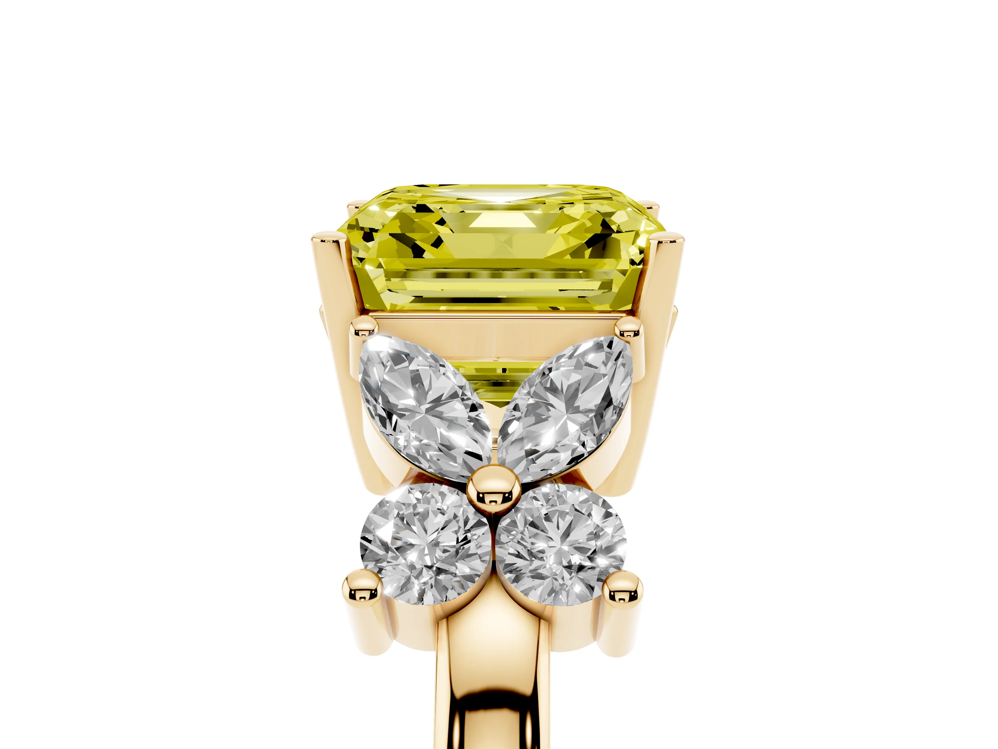 Fancy Yellow Princess Cut Diamond Floral Cluster Ring Set in Yellow gold with Marquise Petals and Prong Setting