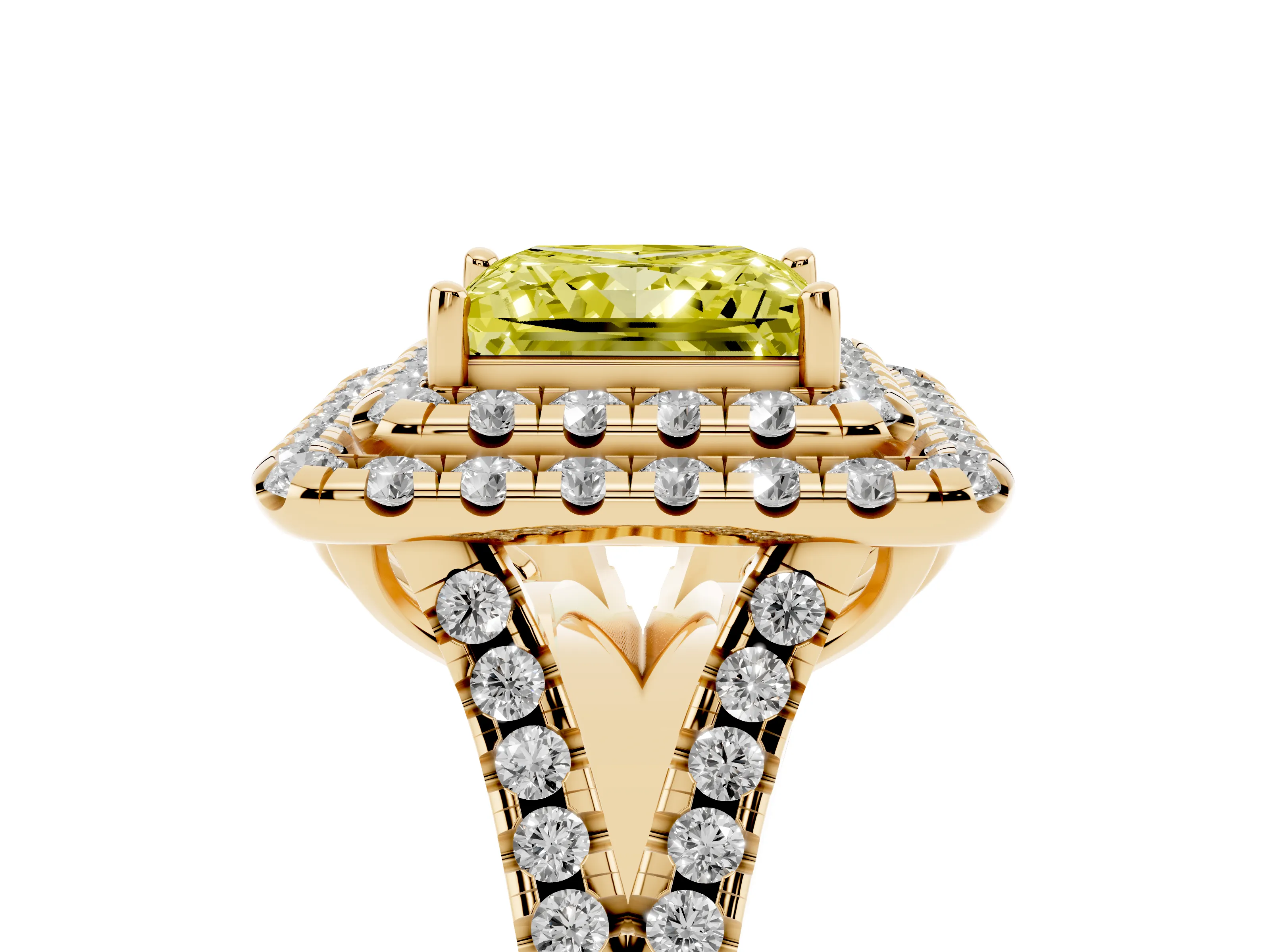 Fancy Yellow Princess Cut Diamond Double Halo Ring Set in Yellow gold with Pavé Split Shank and Prong Setting
