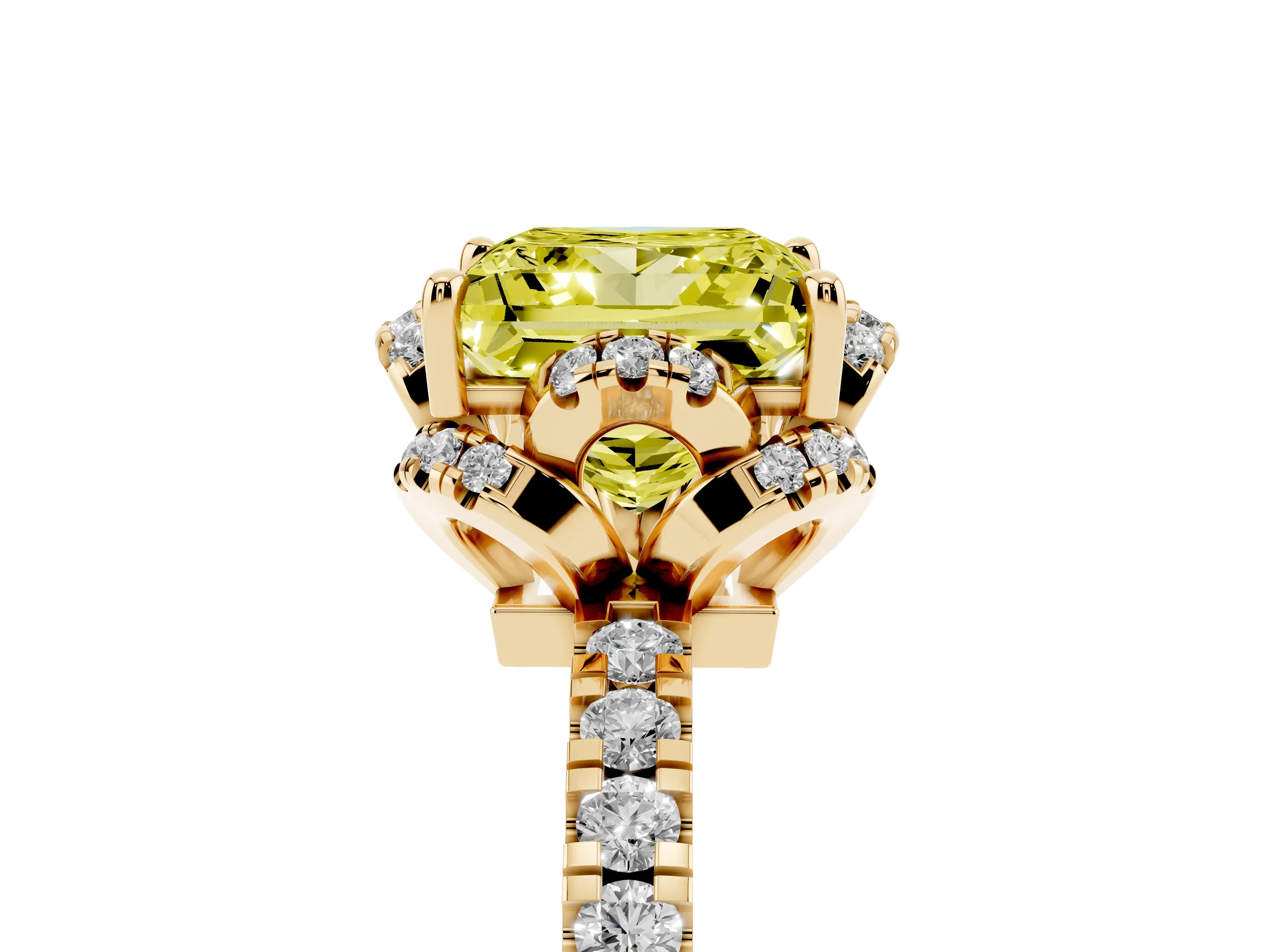 Fancy Yellow Princess Cut Diamond Halo Pavé Band Ring Set in Yellow gold with Prong-Held Center