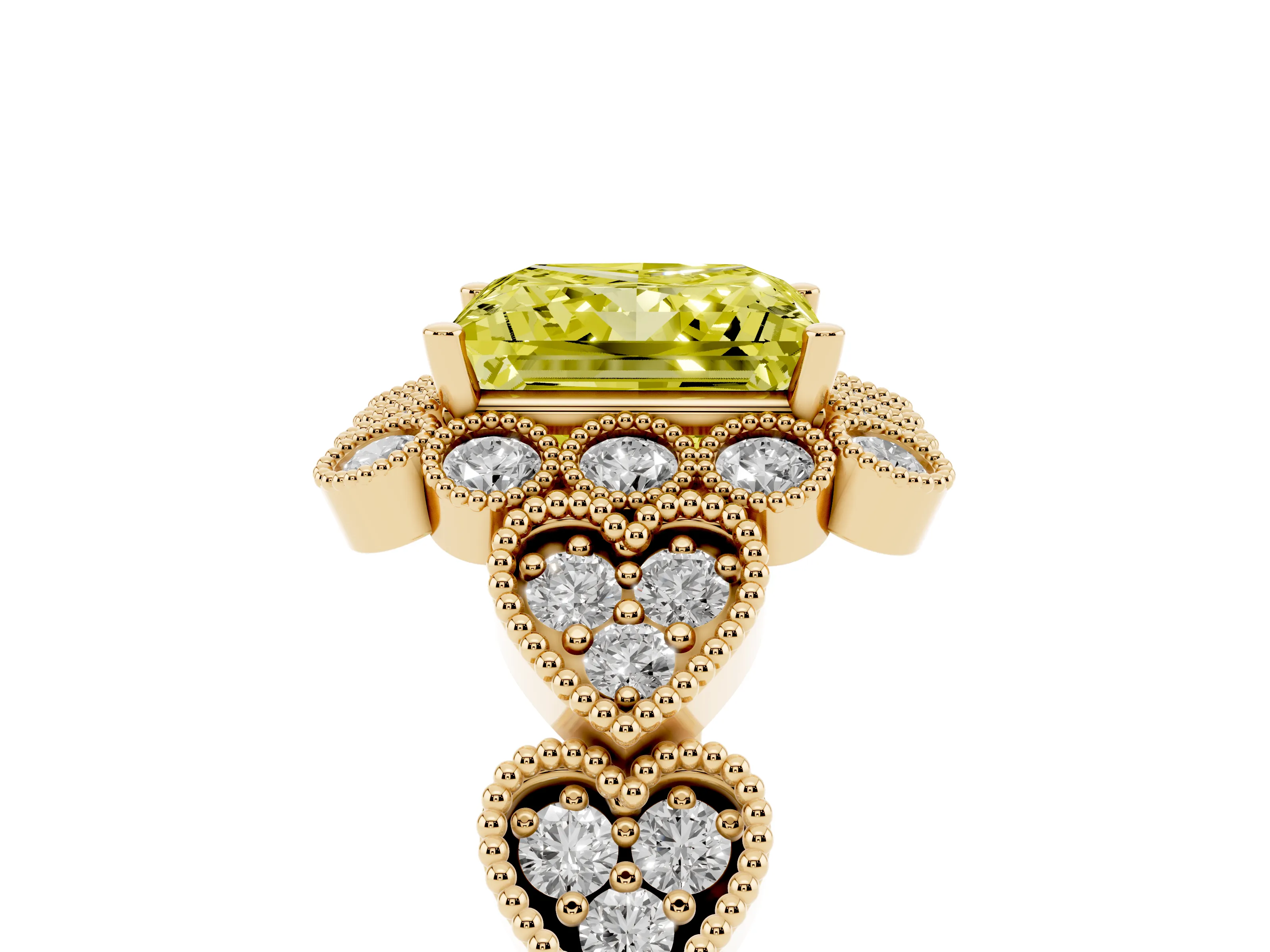 Fancy Yellow Princess Cut Diamond Solitaire Ring Set in Yellow gold with Milgrain Pavé Heart Band
