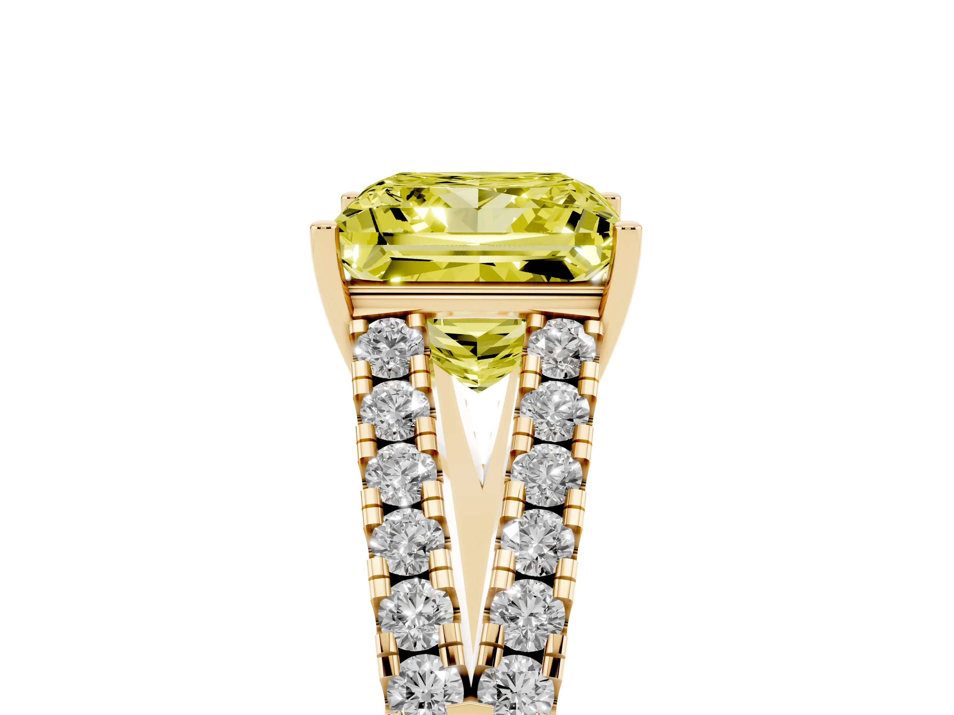 Fancy Yellow Princess Cut Diamond Split Shank Pavé Engagement Ring Set in Yellow gold with Prong-Held Center Stone
