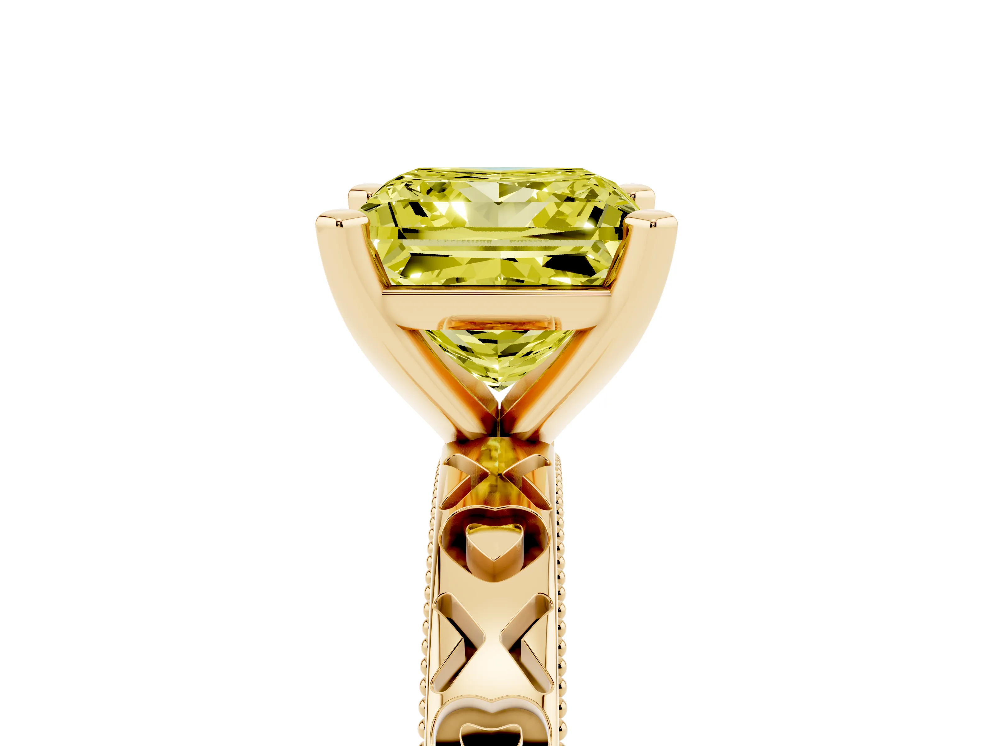 Fancy Yellow Princess Cut Diamond Solitaire Engagement Ring Set in Yellow gold with XO Engraved Band and Prong Setting