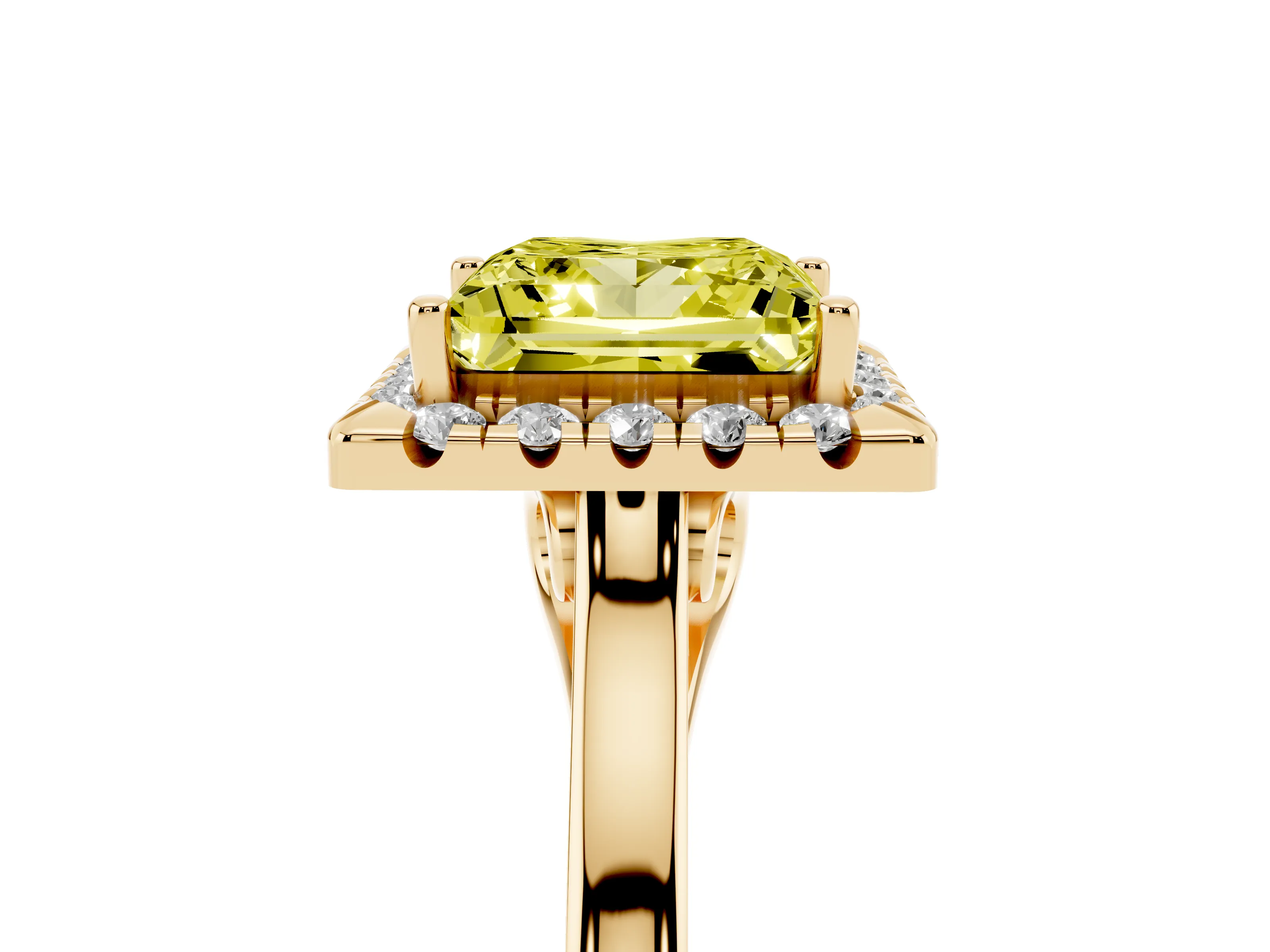 Fancy Yellow Princess Cut Halo Round Diamond Solitaire Ring Set in Yellow gold with Pavé Band and Prong Setting