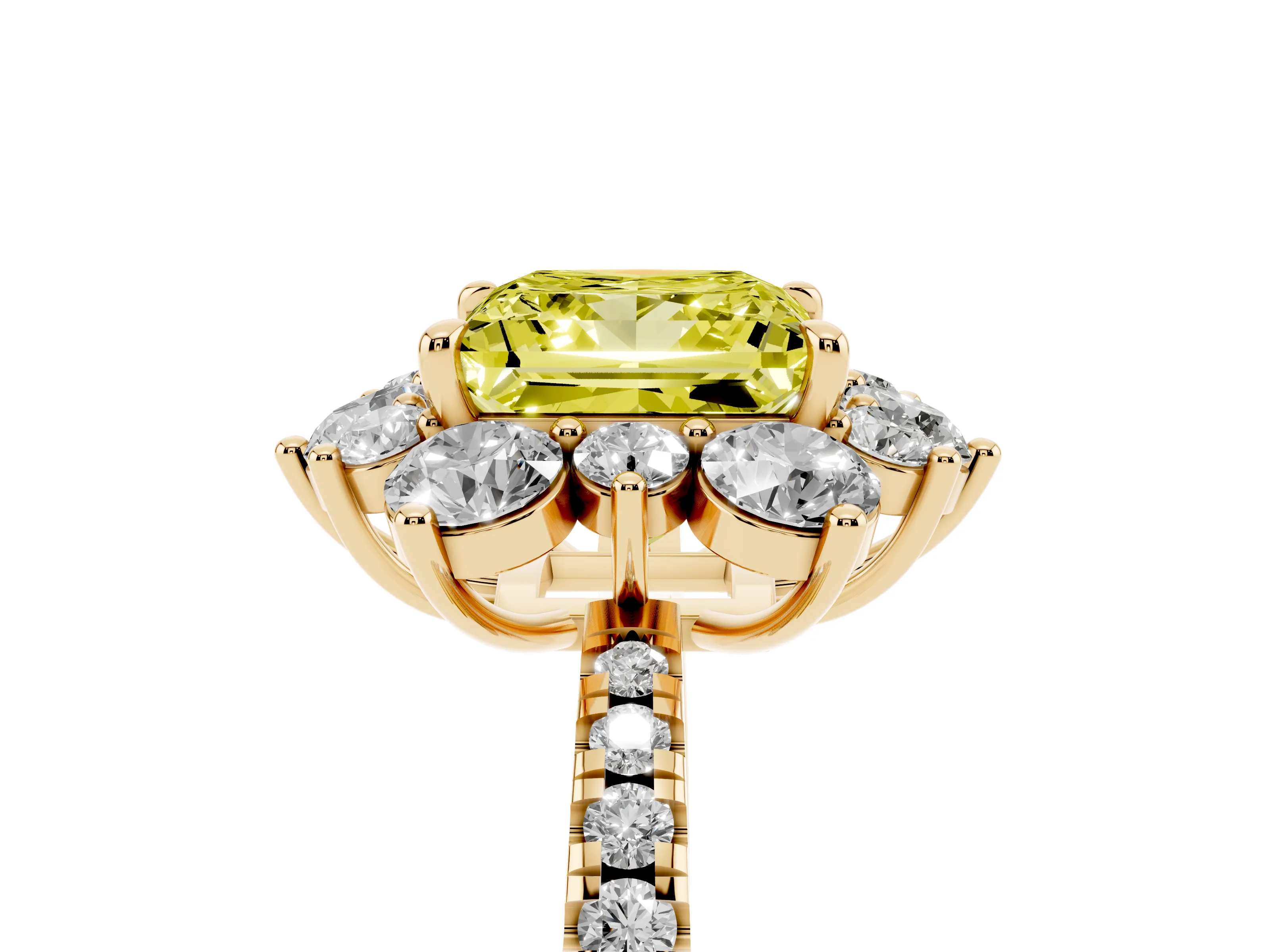Fancy Yellow Princess Cut Diamond Floral Halo Ring Set in Yellow gold with Round Pavé Band and Prong Setting