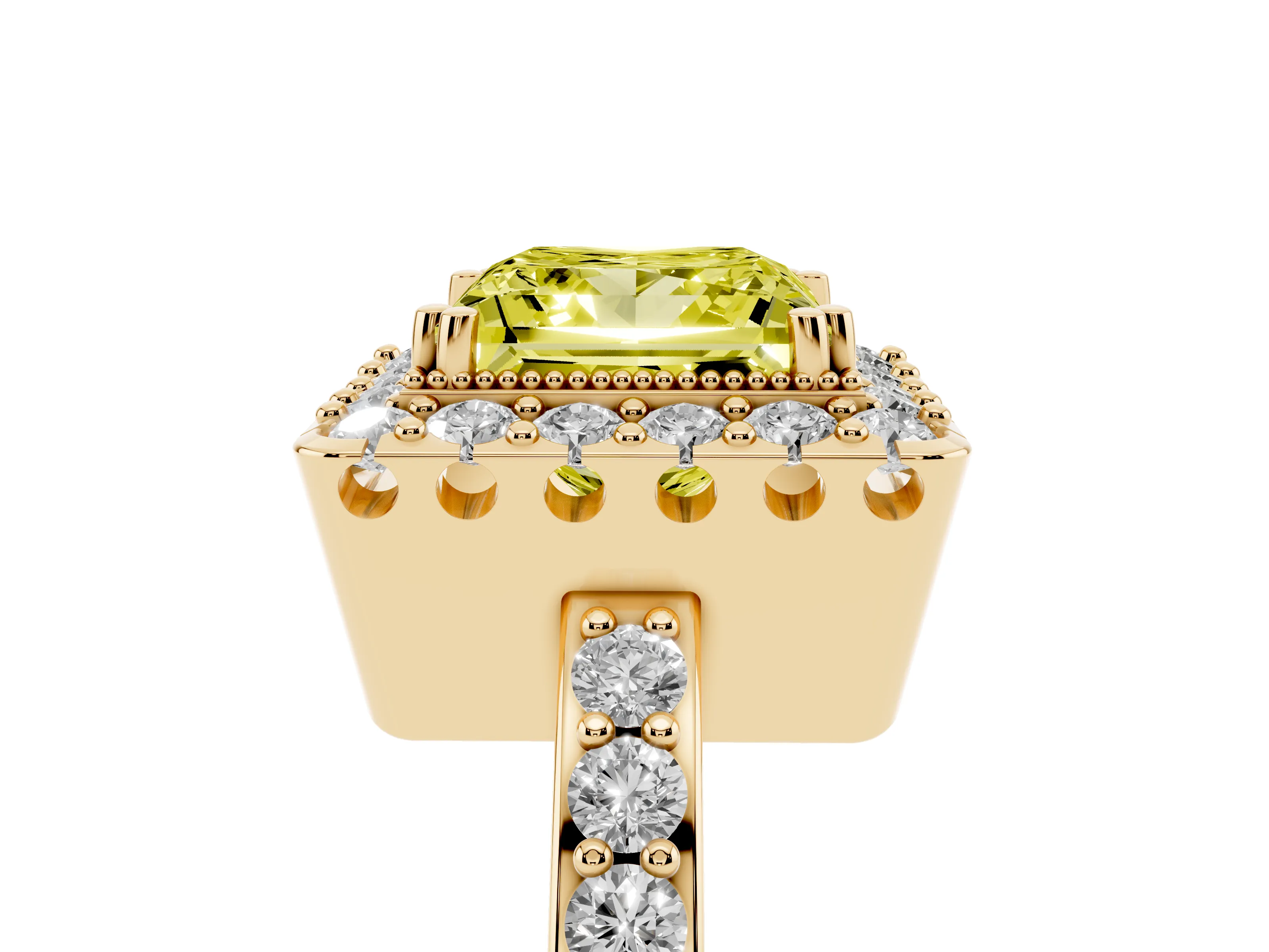 Fancy Yellow Princess Cut Diamond Halo Ring Set in Yellow gold with Pavé Shank and Prong Setting