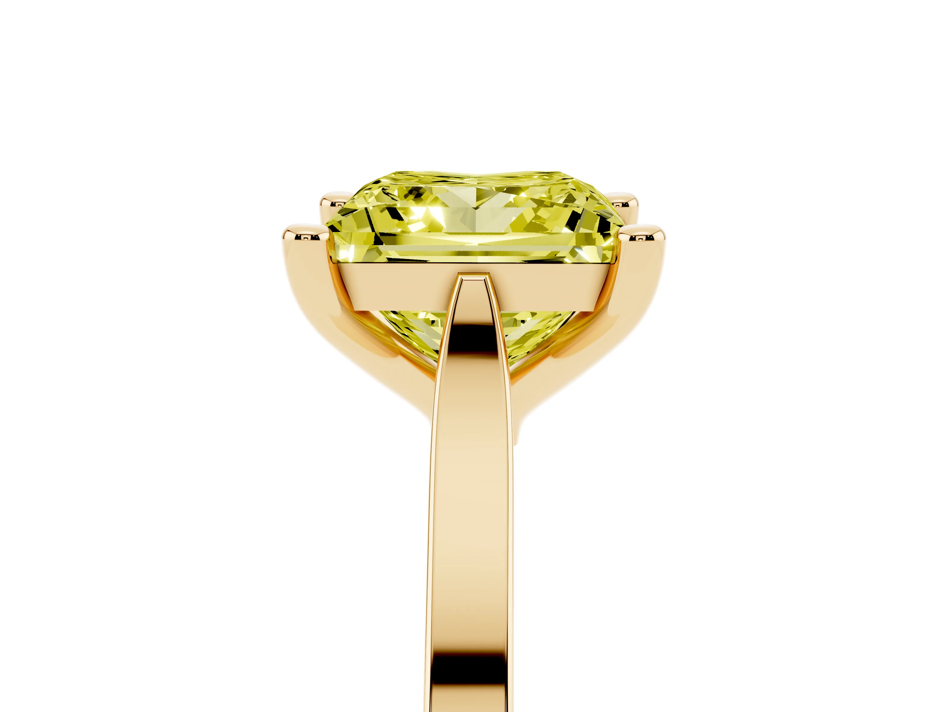 Fancy Yellow Princess Cut Diamond Solitaire Ring Set in Yellow gold with Prong Setting and Tapered Band