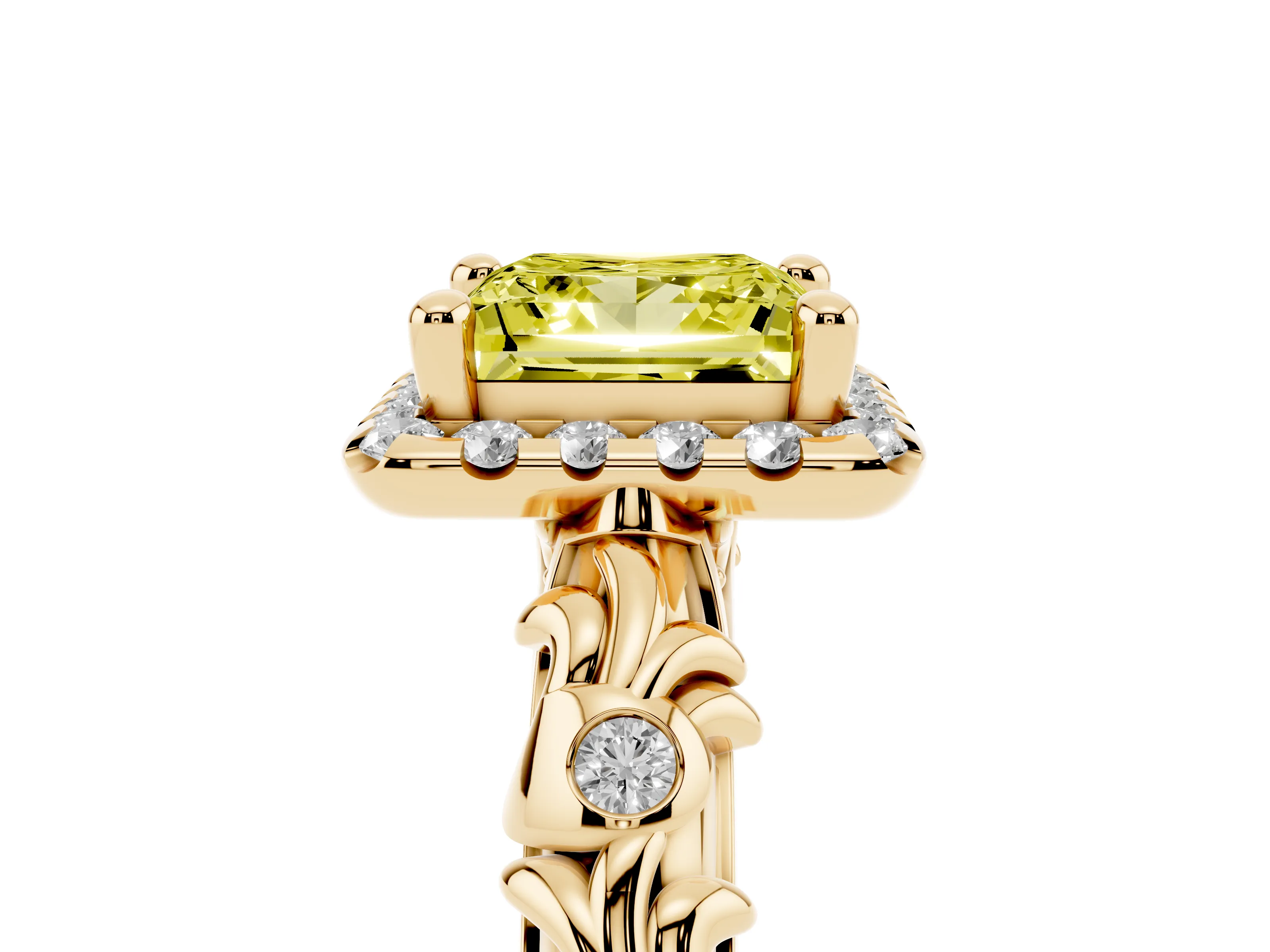 Fancy Yellow Princess Cut Diamond Halo Ring Set in Yellow gold with Filigree Leaf Band and Prong Setting