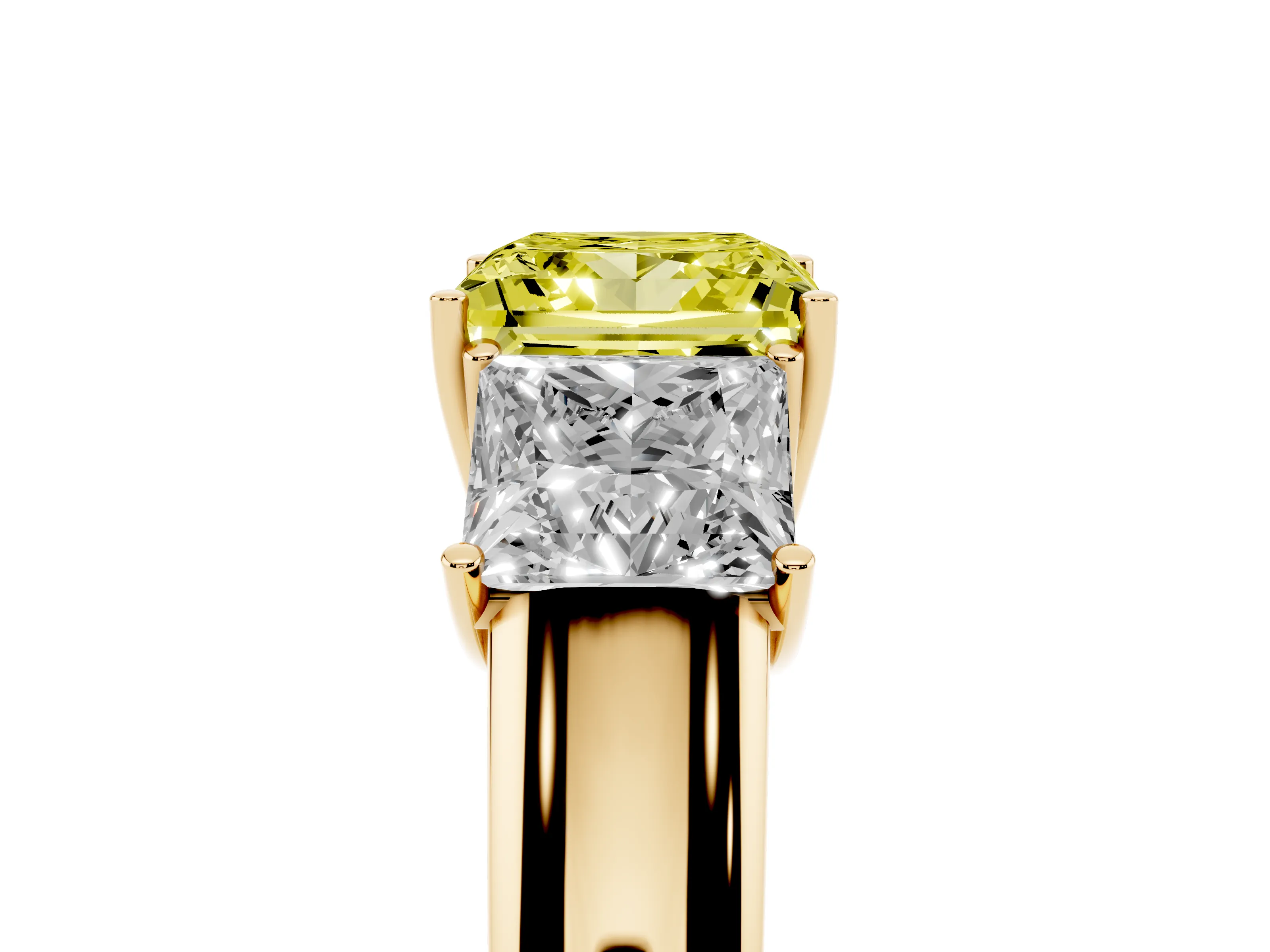 Fancy Yellow Three-Stone Princess Cut Diamond Ring Set in Yellow gold with Matching Prong Settings and Plain Band