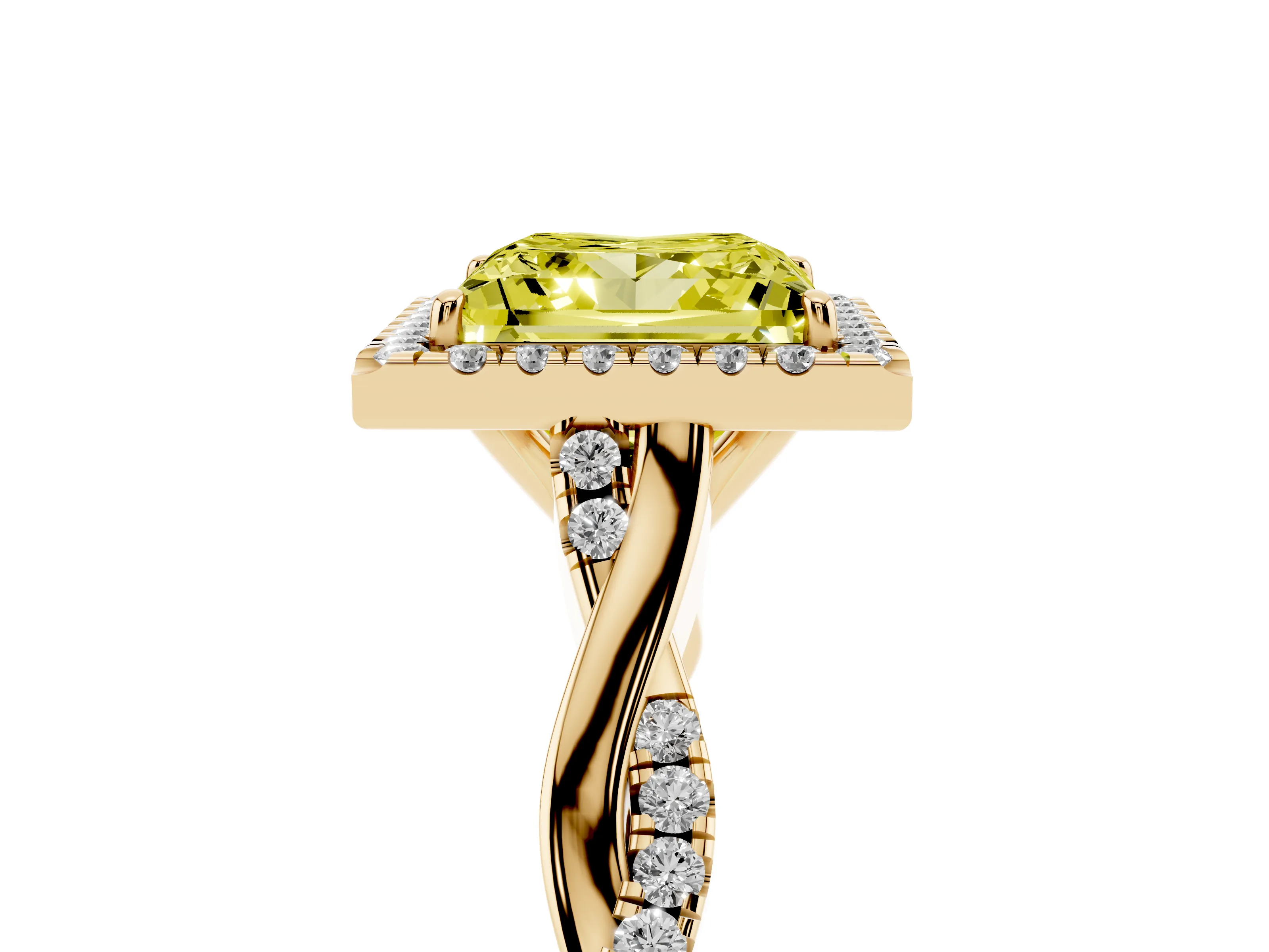 Fancy Yellow Princess Cut Diamond Halo Twist Band Solitaire Ring Set in Yellow gold with Prong Setting