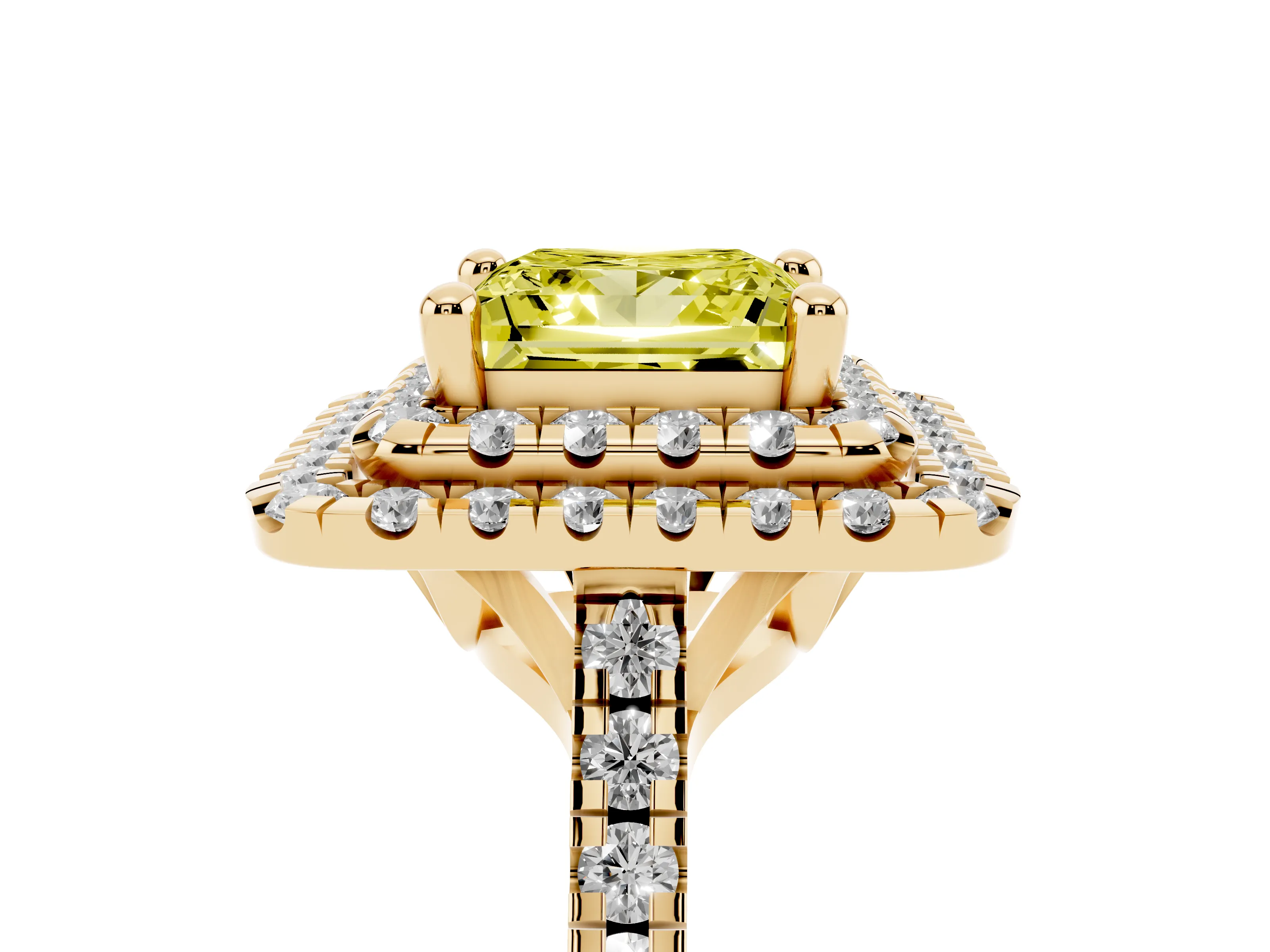 Fancy Yellow Princess Cut Diamond Double Halo Statement Ring Set in Yellow gold with Pavé Band