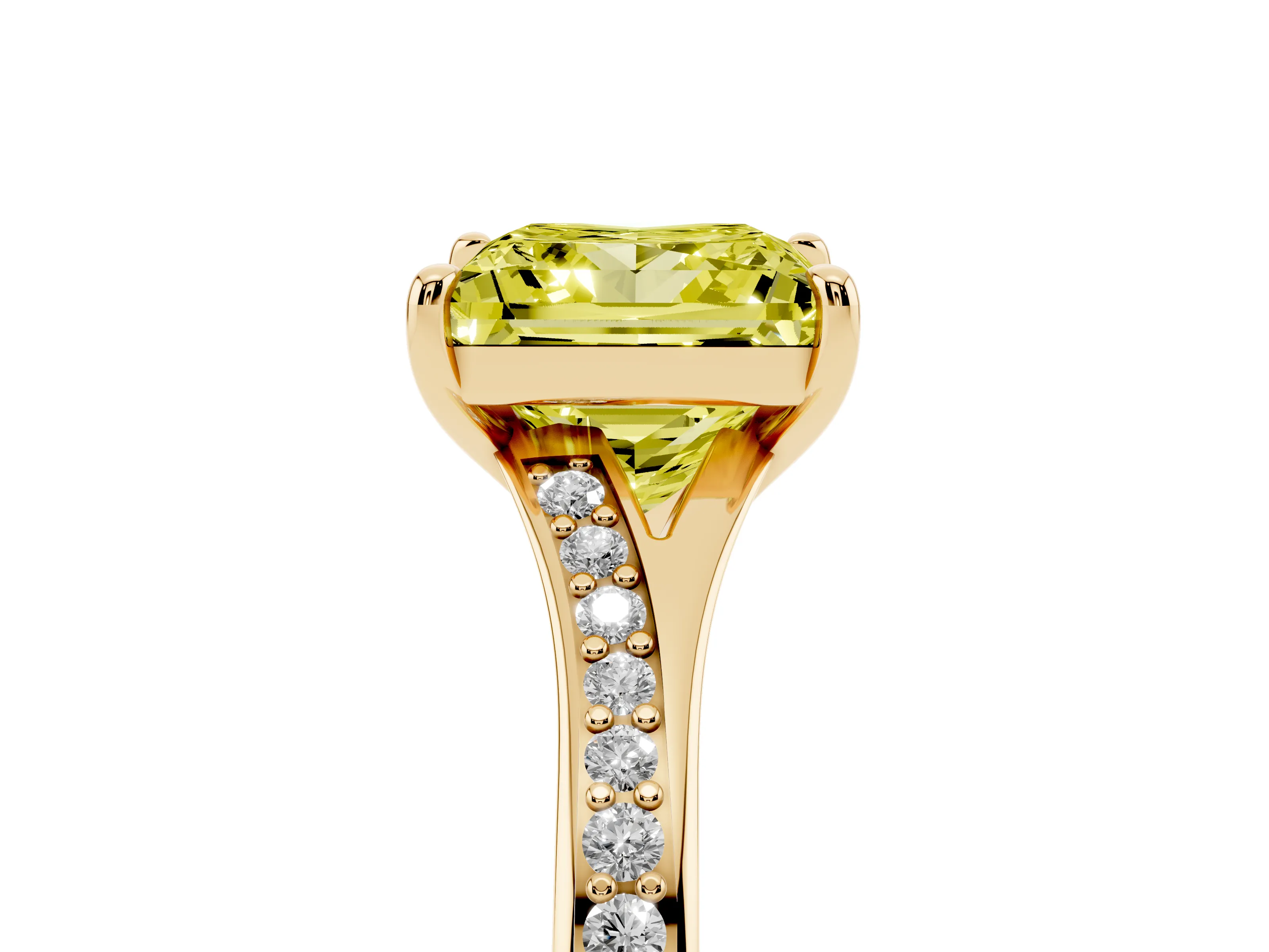 Fancy Yellow Princess Cut Diamond Solitaire Ring Set in Yellow gold with Pavé Accent Band and Classic Prong Setting