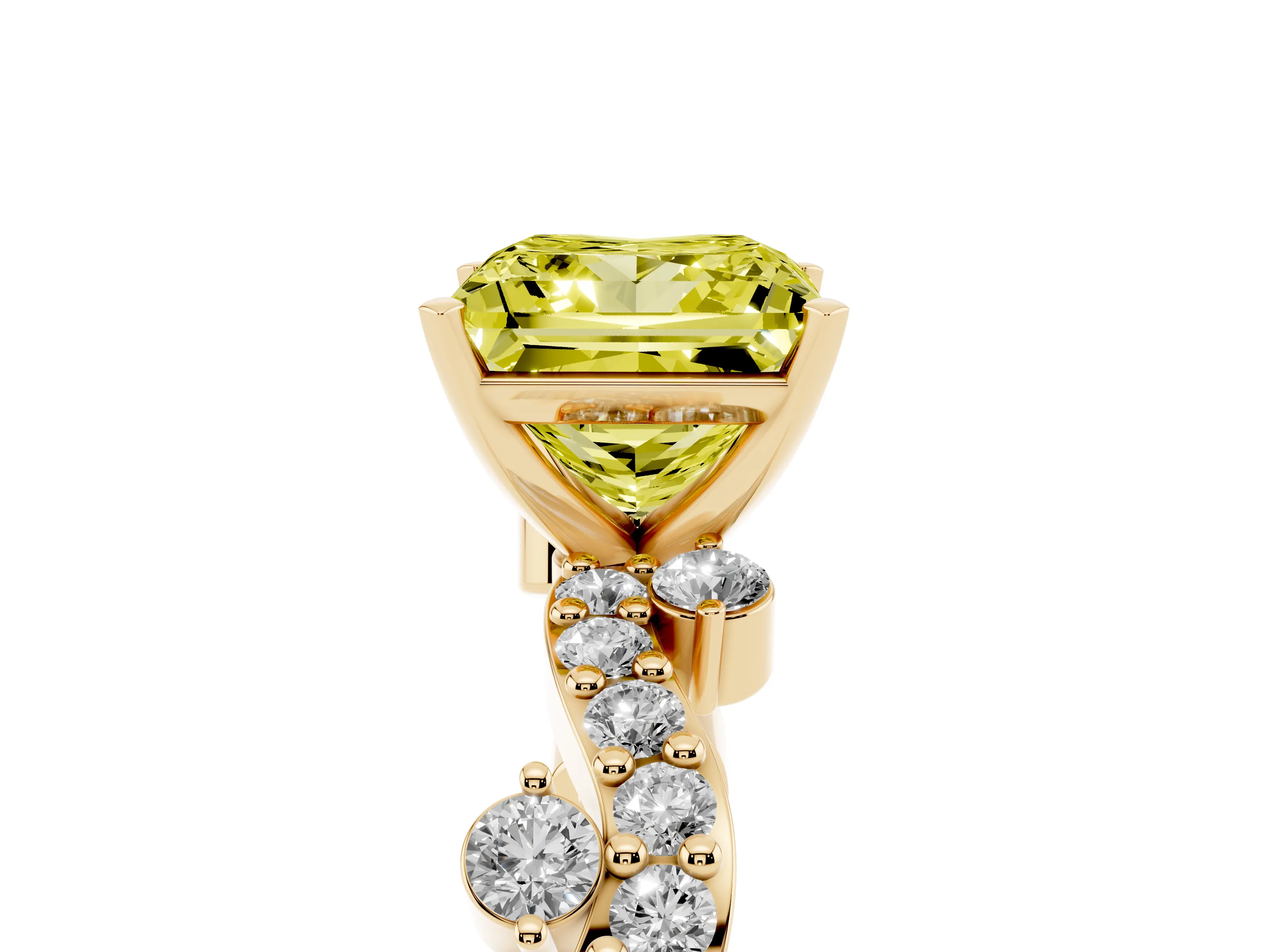 Fancy Yellow Princess Cut Diamond Solitaire Twisted Band Set in Yellow gold with Pavé Setting