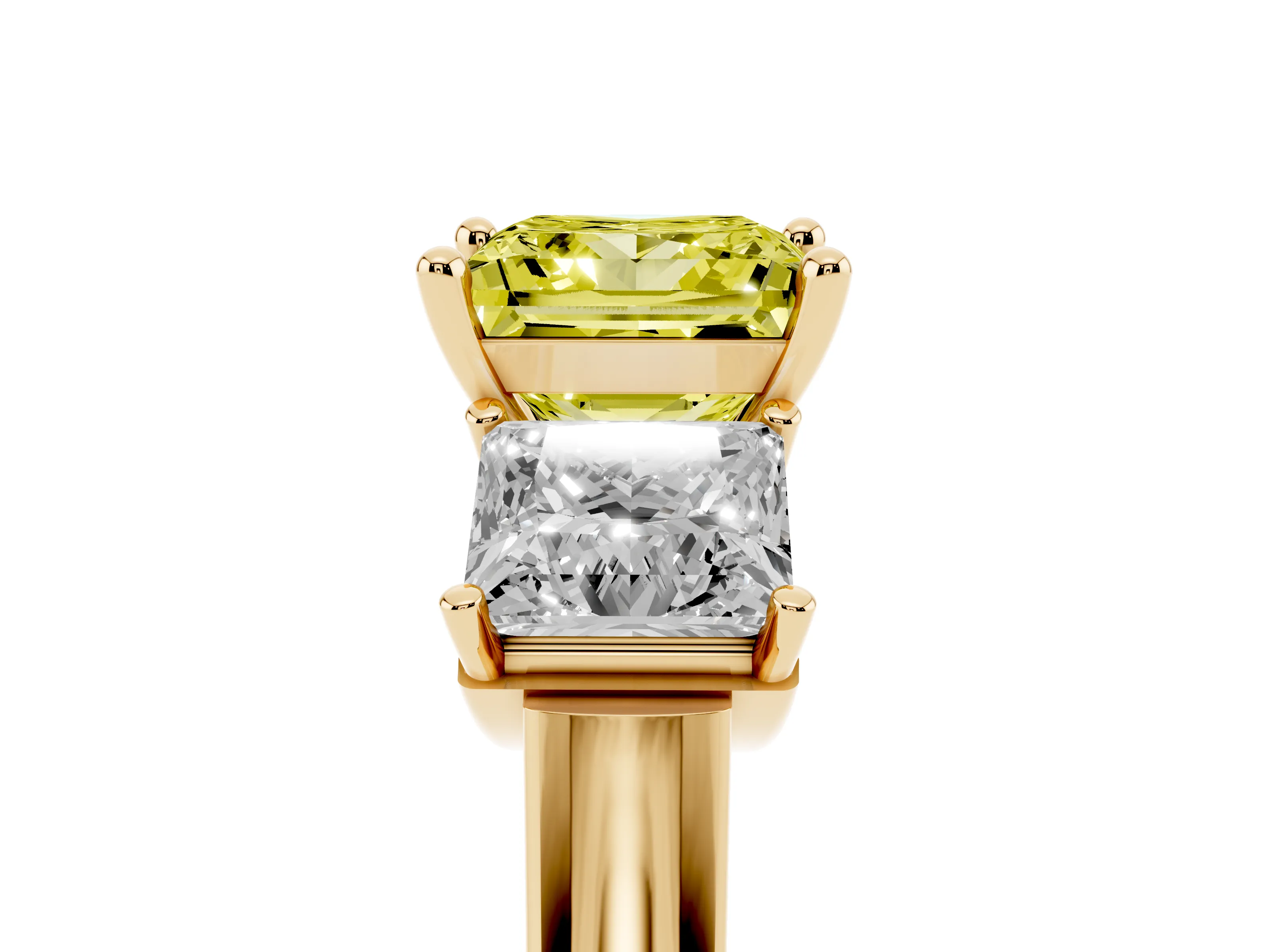 Fancy Yellow Princess Cut Diamond Three-Stone Trellis Ring Set in Yellow gold with Comfort Fit Band