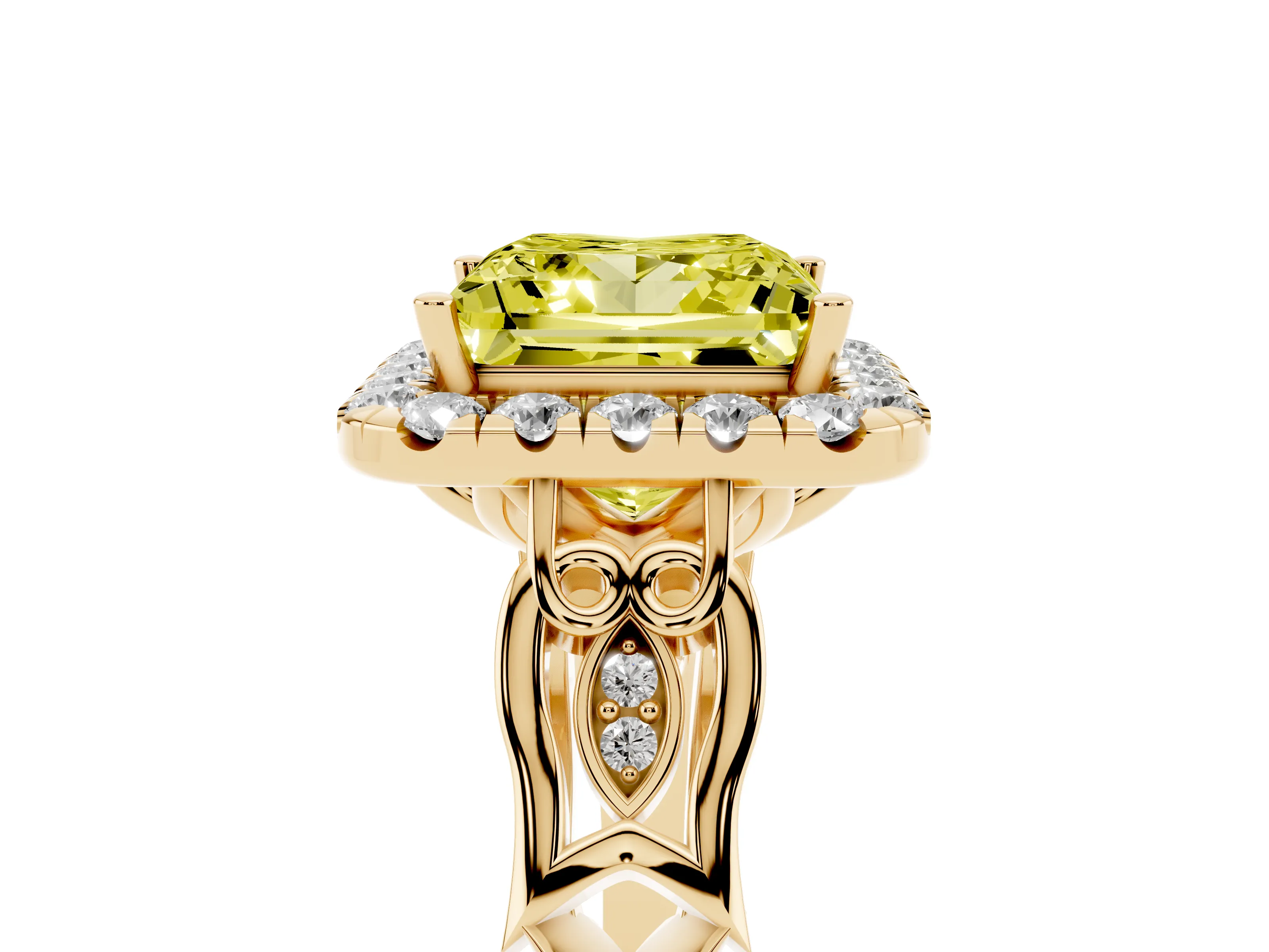 Fancy Yellow Princess Cut Diamond Halo Engagement Ring Set in Yellow gold with Filigree Band and Prong-Set Center