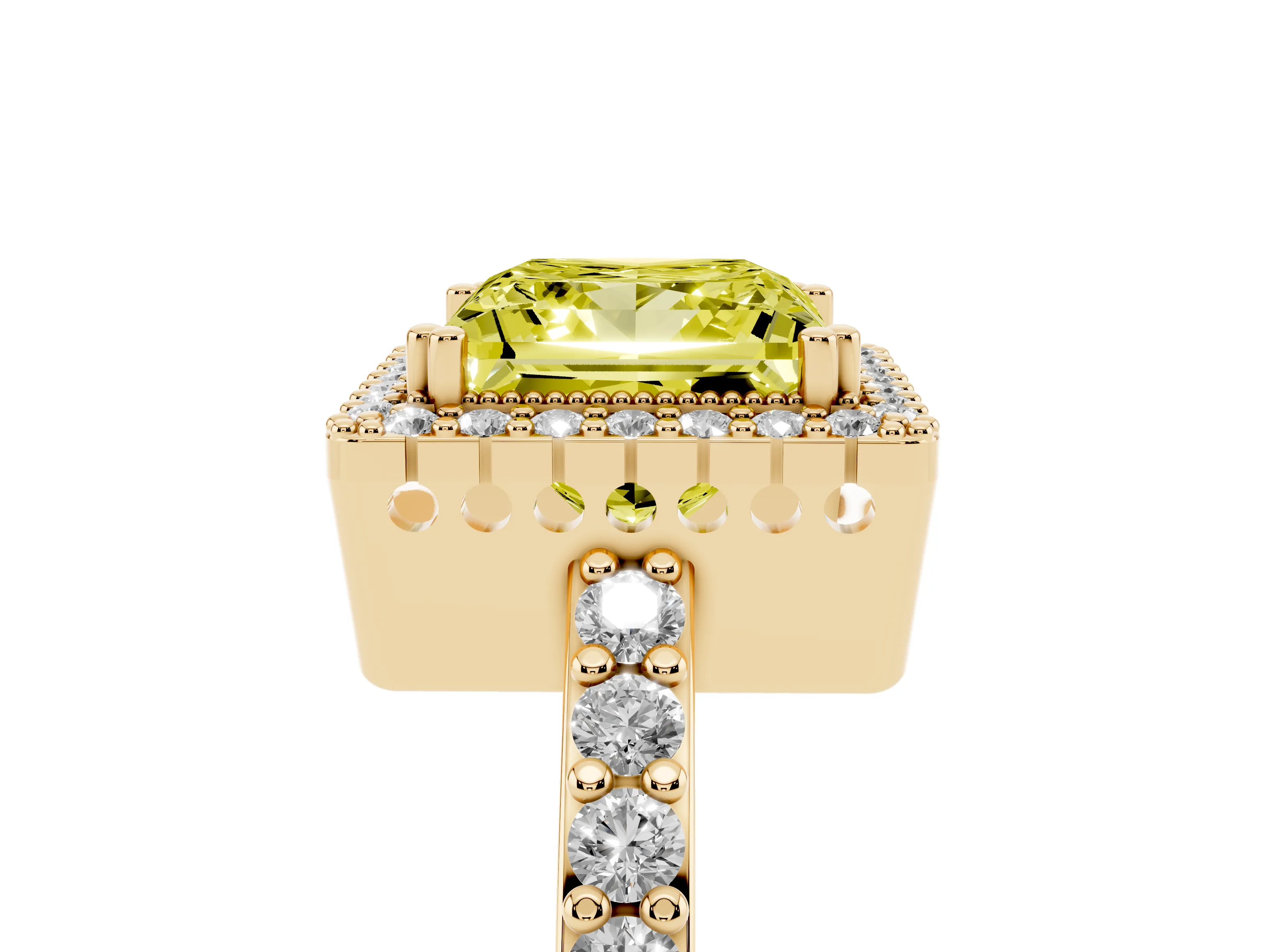 Fancy Yellow Princess Cut Diamond Halo Engagement Ring Set in Yellow gold with Milgrain Detail and Pavé Band