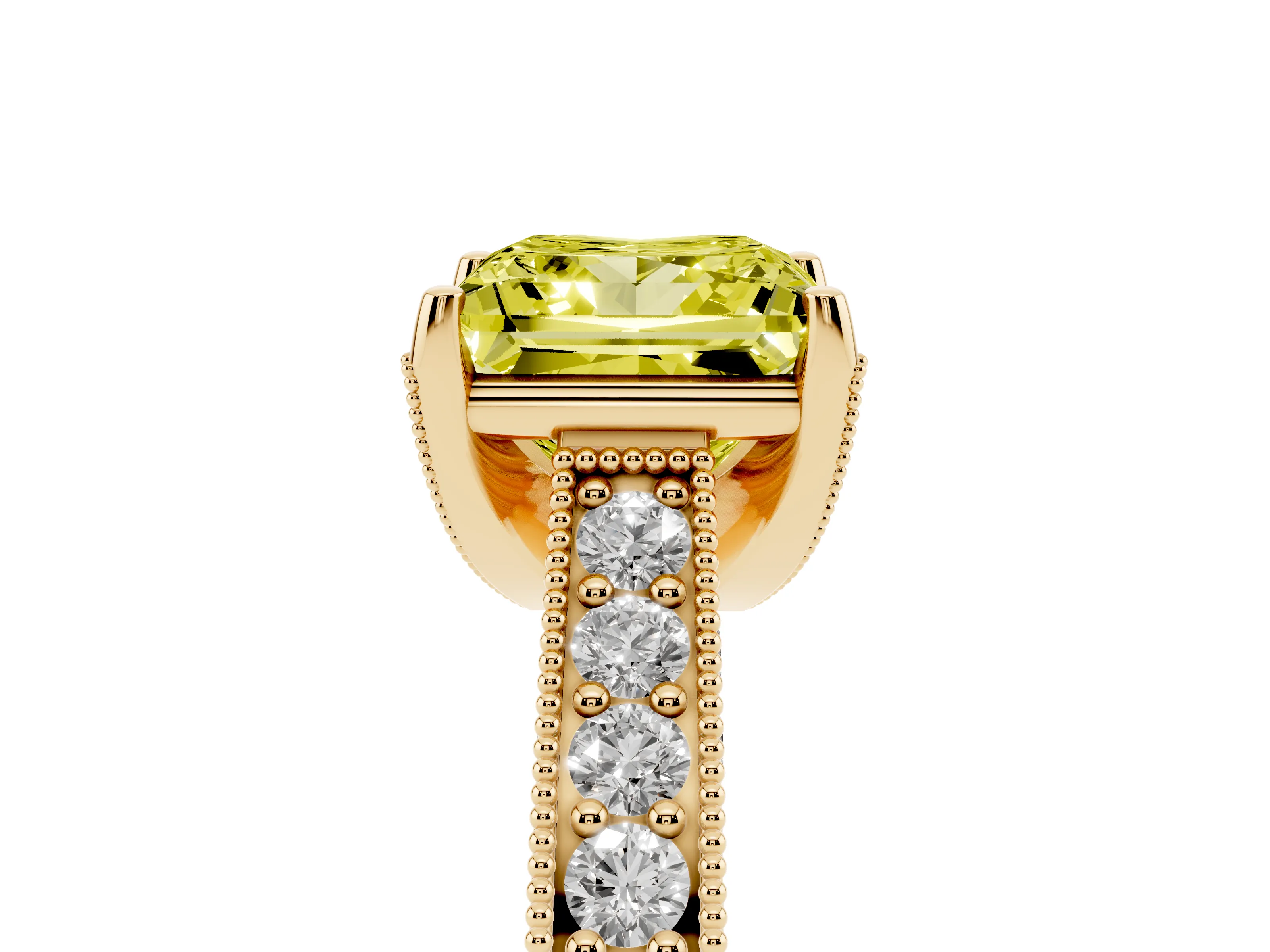 Fancy Yellow Princess Cut Diamond Solitaire Ring Set in Yellow gold with Milgrain-Edged Pavé Band and Prong Setting