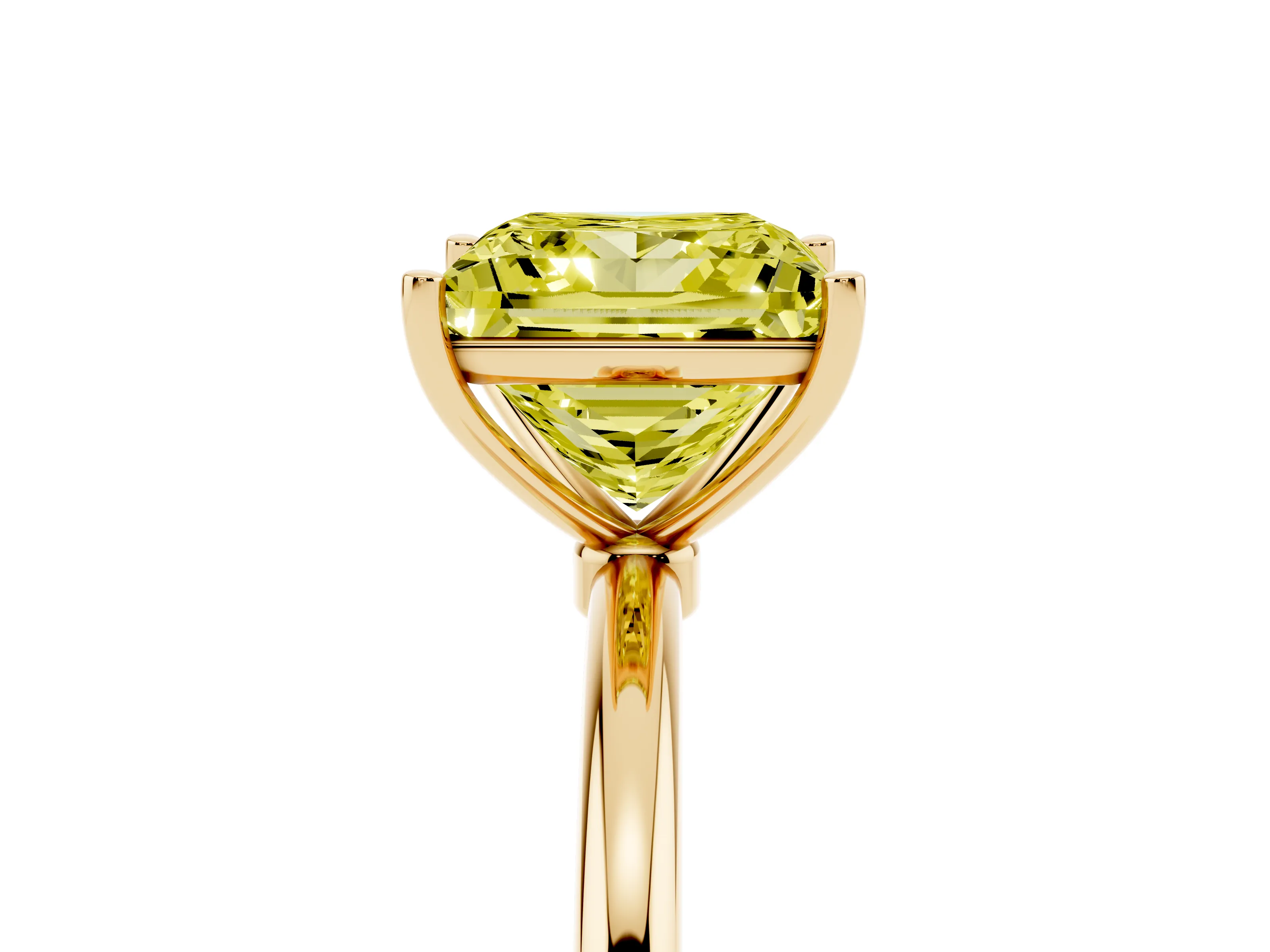 Fancy Yellow Princess Cut Diamond Solitaire Engagement Ring Set in Yellow gold with Thin Band and Prong Setting