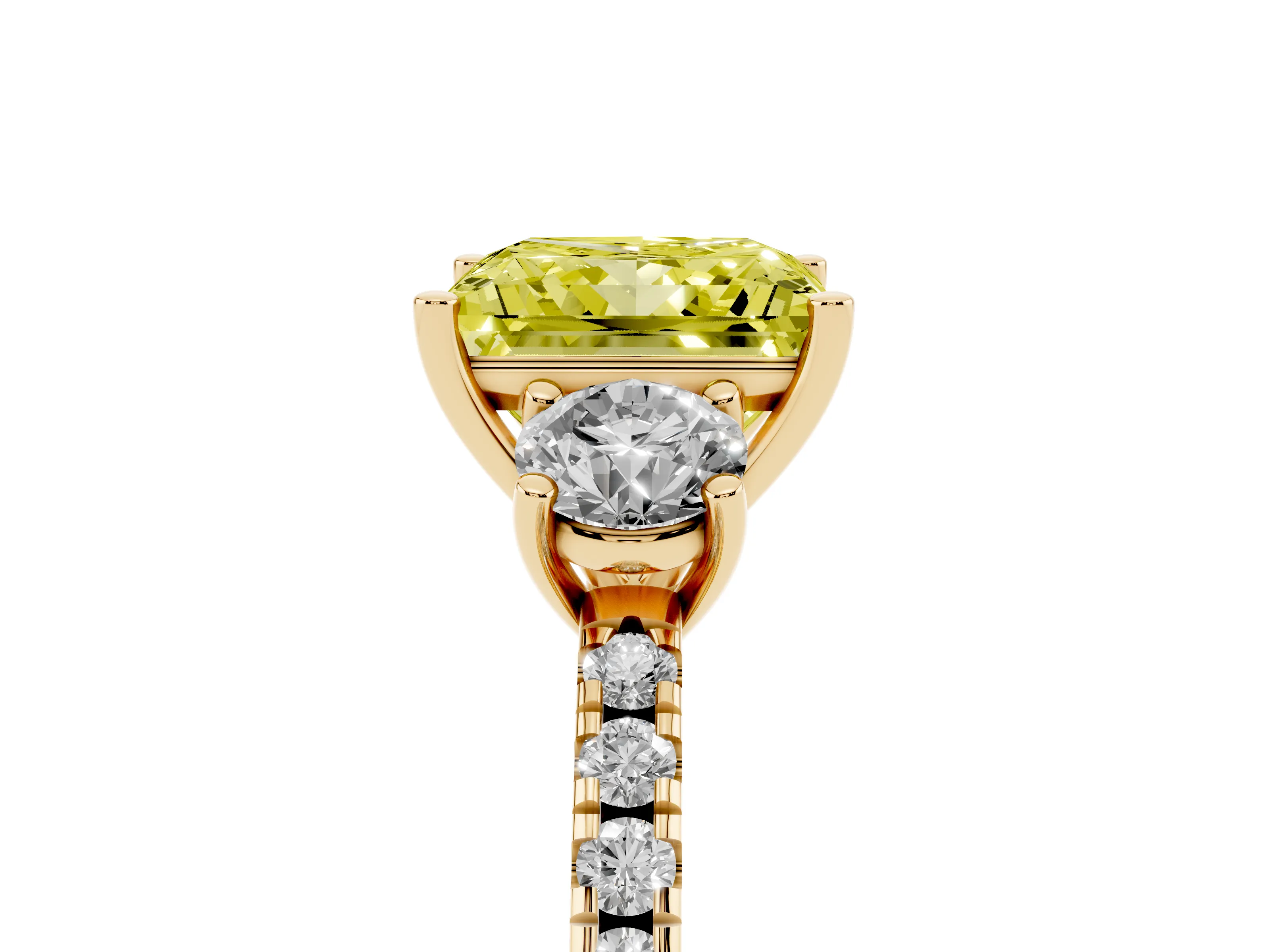 Fancy Yellow Princess Cut Diamond Three-Stone Ring Set in Yellow gold with Pavé Band and Graduated Sides