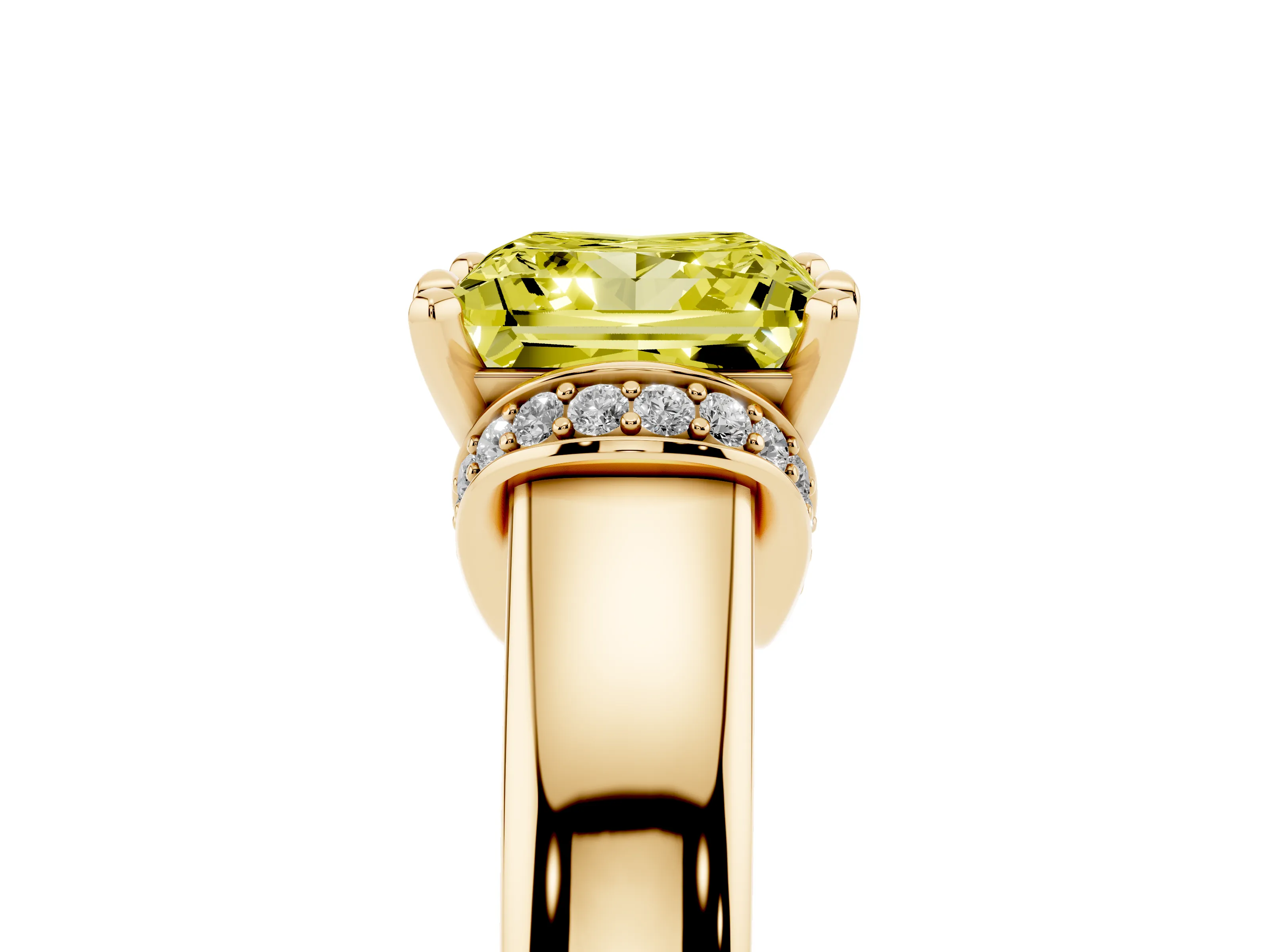 Fancy Yellow Princess Cut Diamond Pavé Band Solitaire Ring Set in Yellow gold with Prong Setting