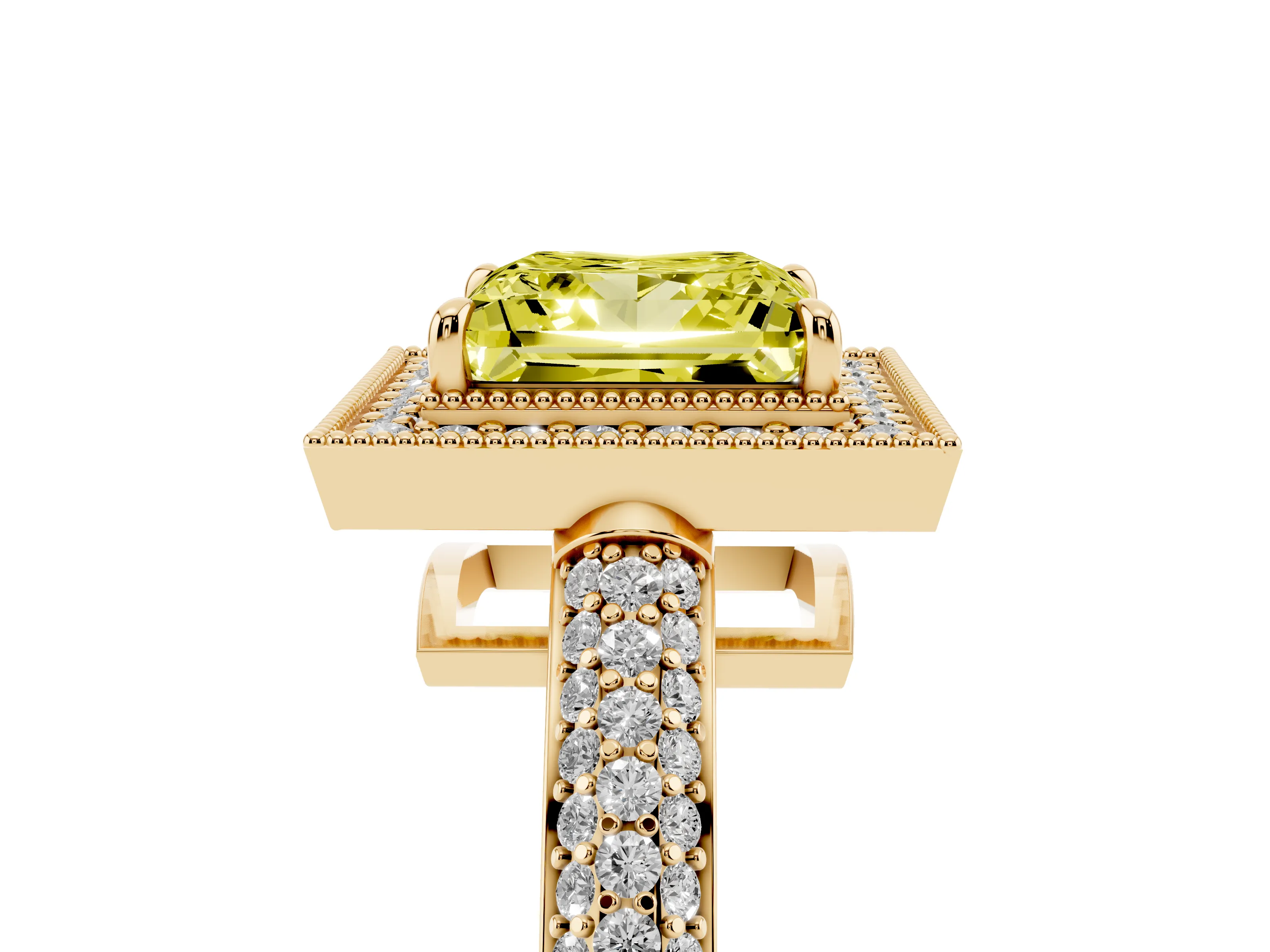 Fancy Yellow Princess Cut Diamond Halo Pavé Band Set in Yellow gold with Prong Setting