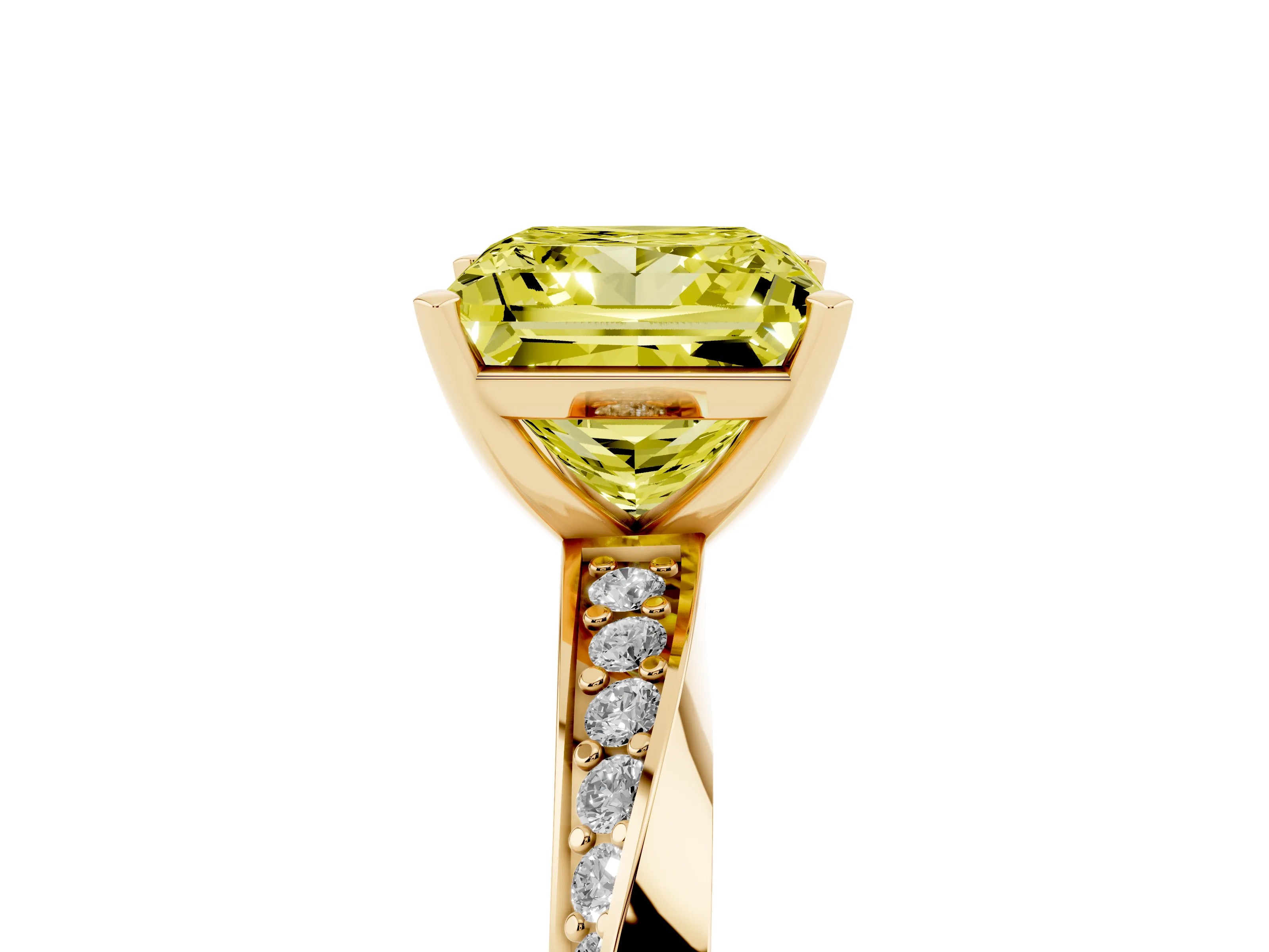 Fancy Yellow Princess Cut Diamond Engagement Ring Set in Yellow gold with Side Stone Accents and Prong Setting