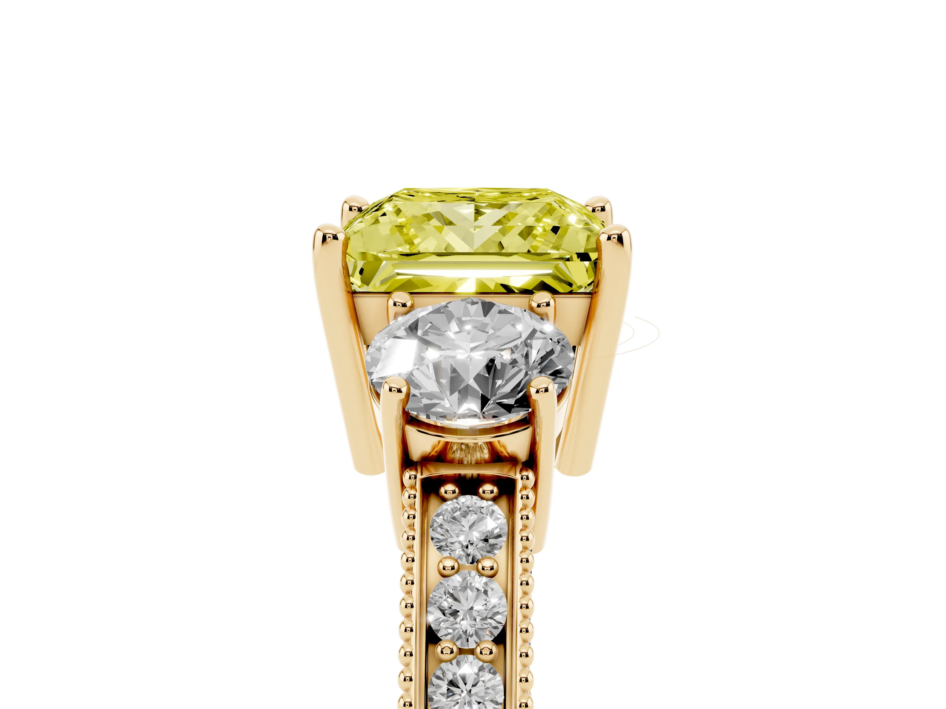 Fancy Yellow Princess Cut Diamond Three-Stone Ring Set in Yellow gold with Round Side Stones and Pavé Band