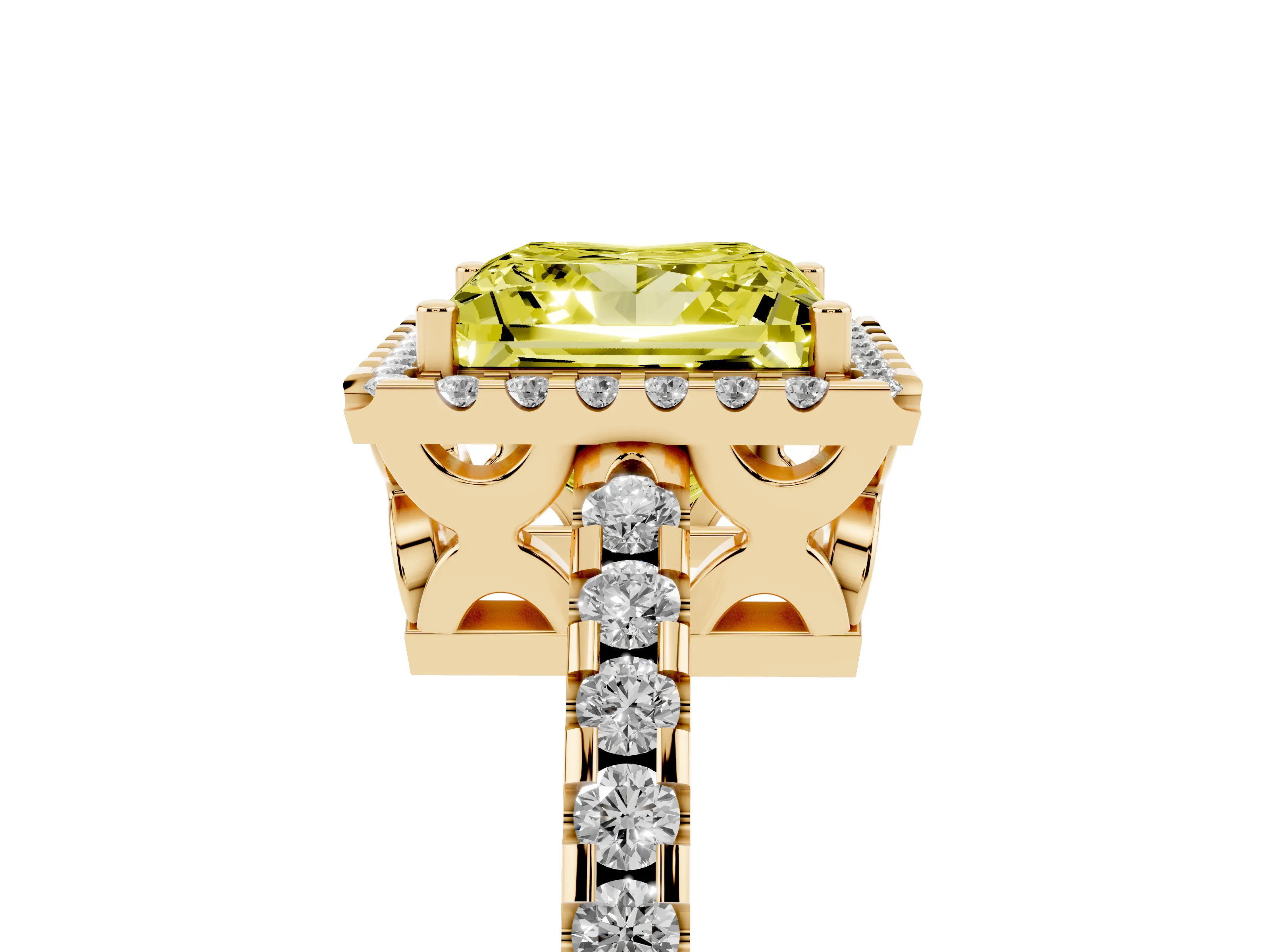 Fancy Yellow Princess Cut Diamond Halo Ring Set in Yellow gold with Pavé Shoulders and Halo-Framed Center