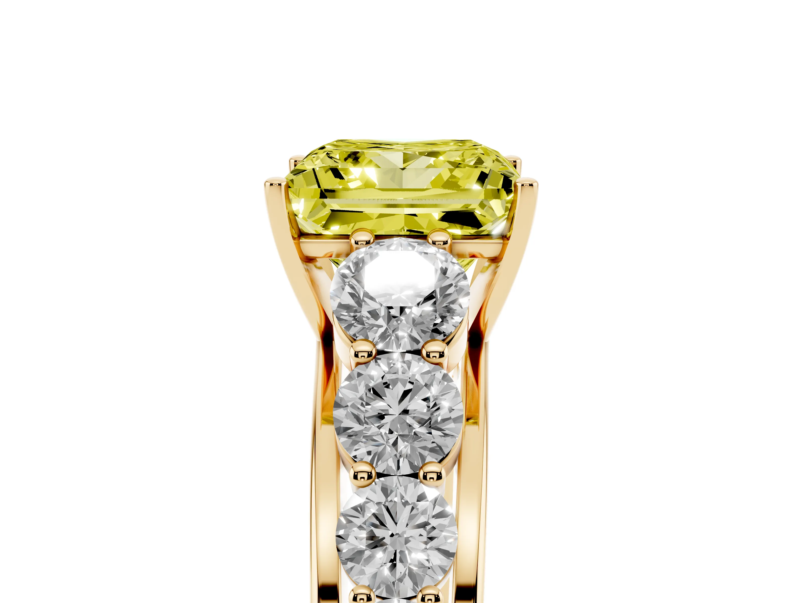 Fancy Yellow Princess Cut Diamond Solitaire Ring Set in Yellow gold with Pavé-Set Band and Prong Setting